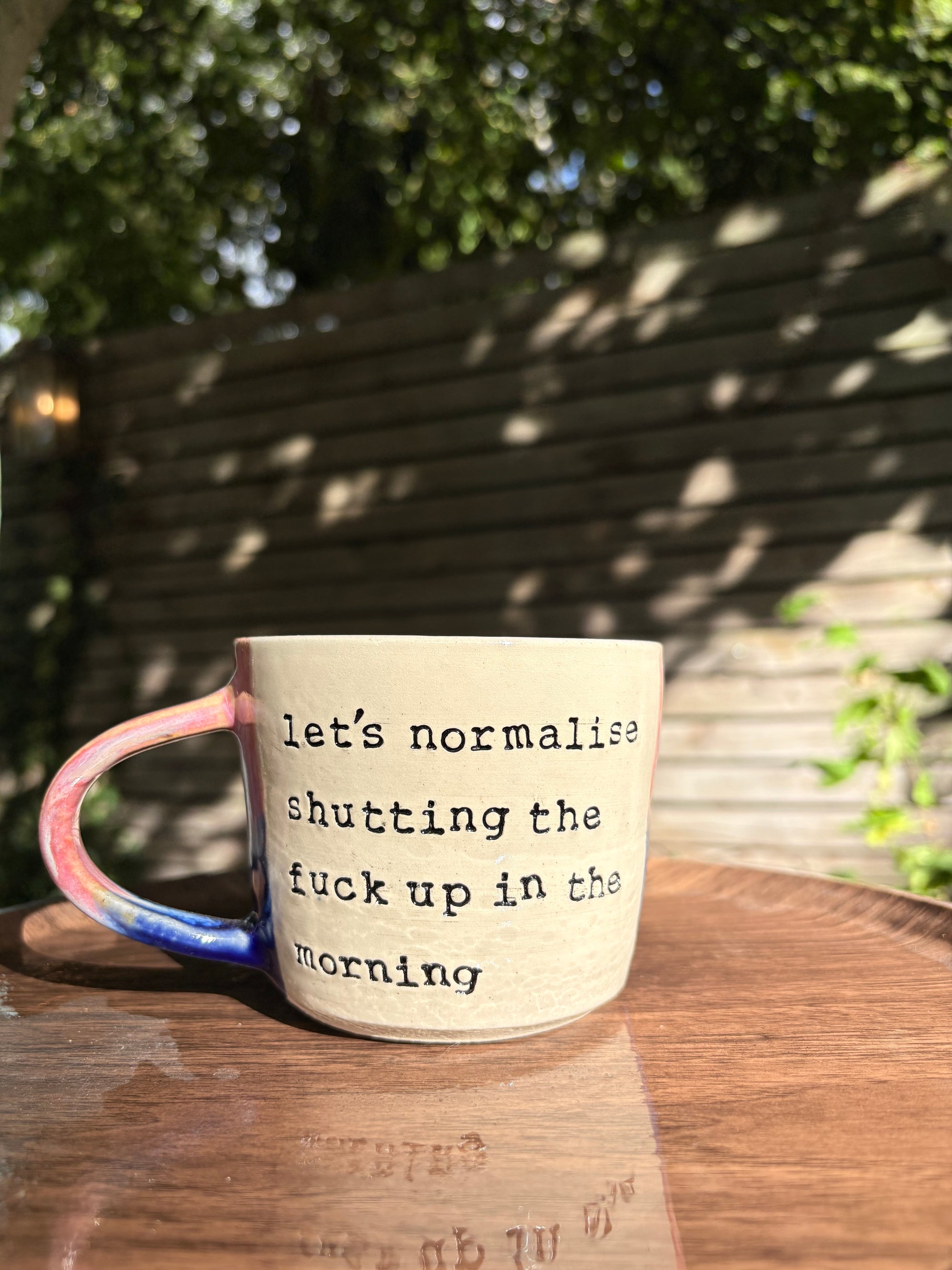 "Let’s normalise shutting the fuck up in the morning" mug (pink/blue)