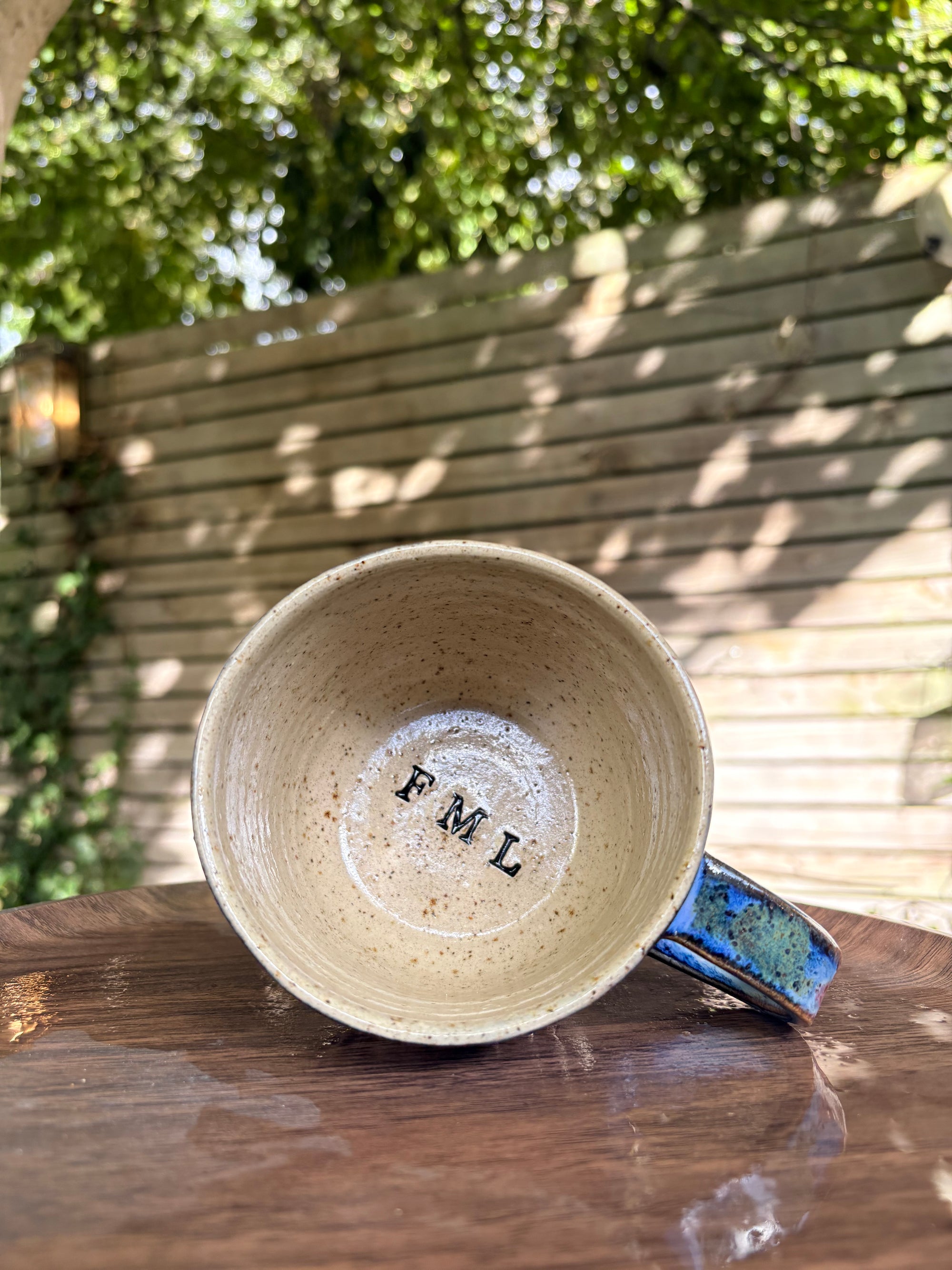 "I 🩷 my job” "FML" mug (Blue Night Sky, flecked, right hander)
