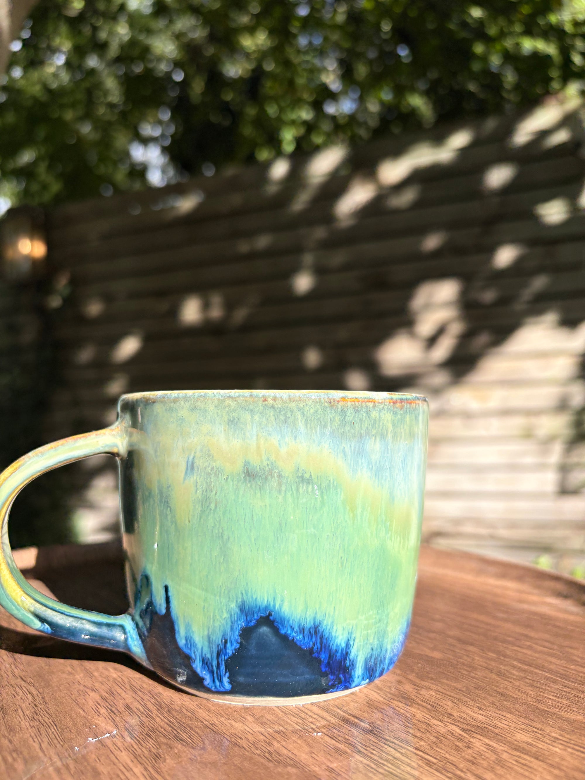 "what a fucked up time to be alive" mug (green/blue)