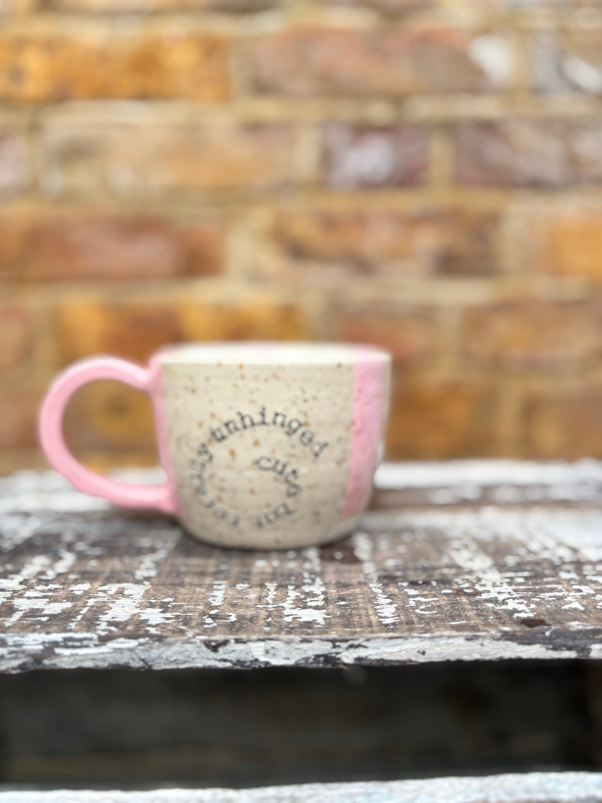 "cute but totally unhinged" mug (pink/white stripe)