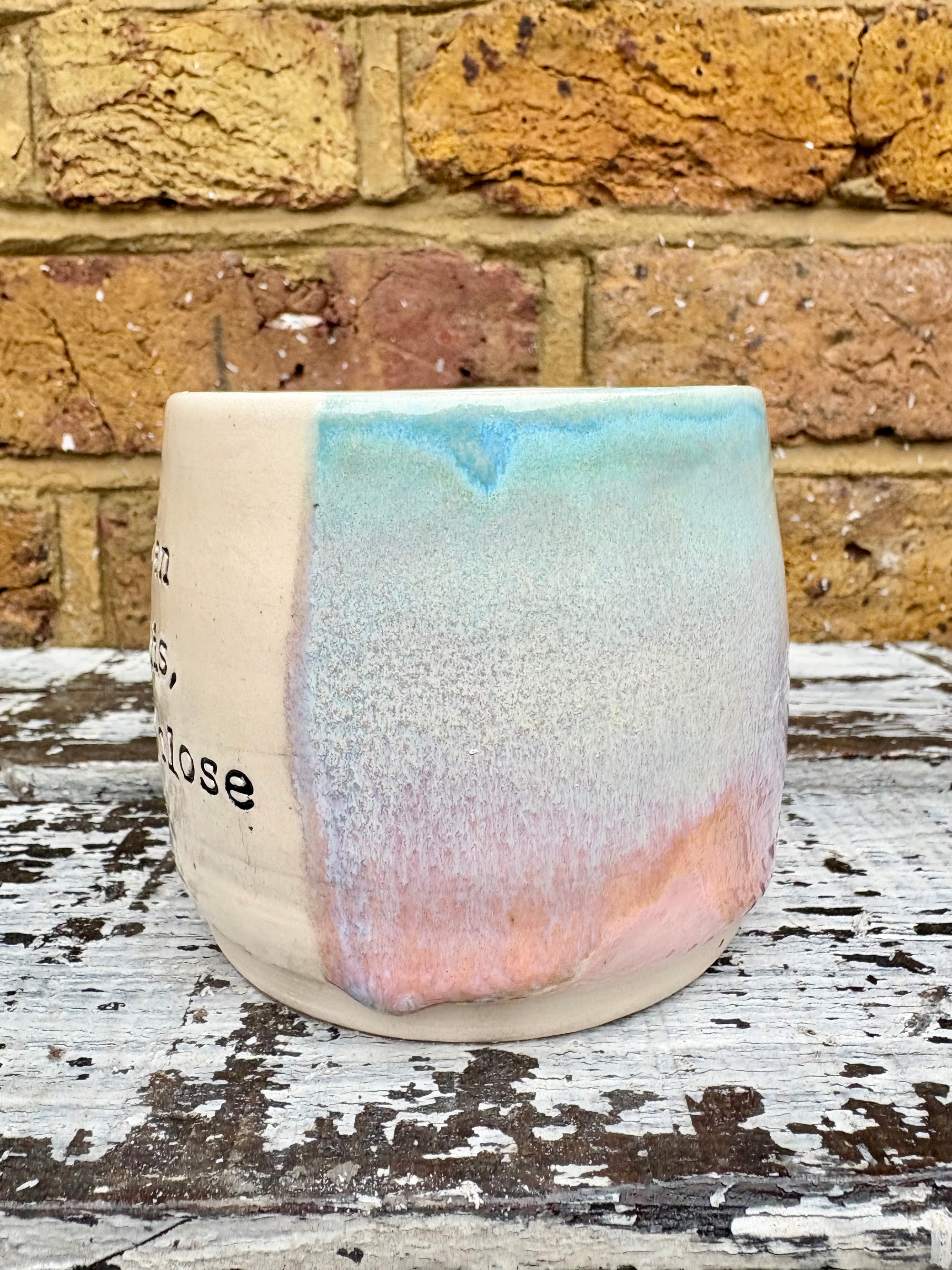 "if you can read this, you're too close" mug (Pink Skies)