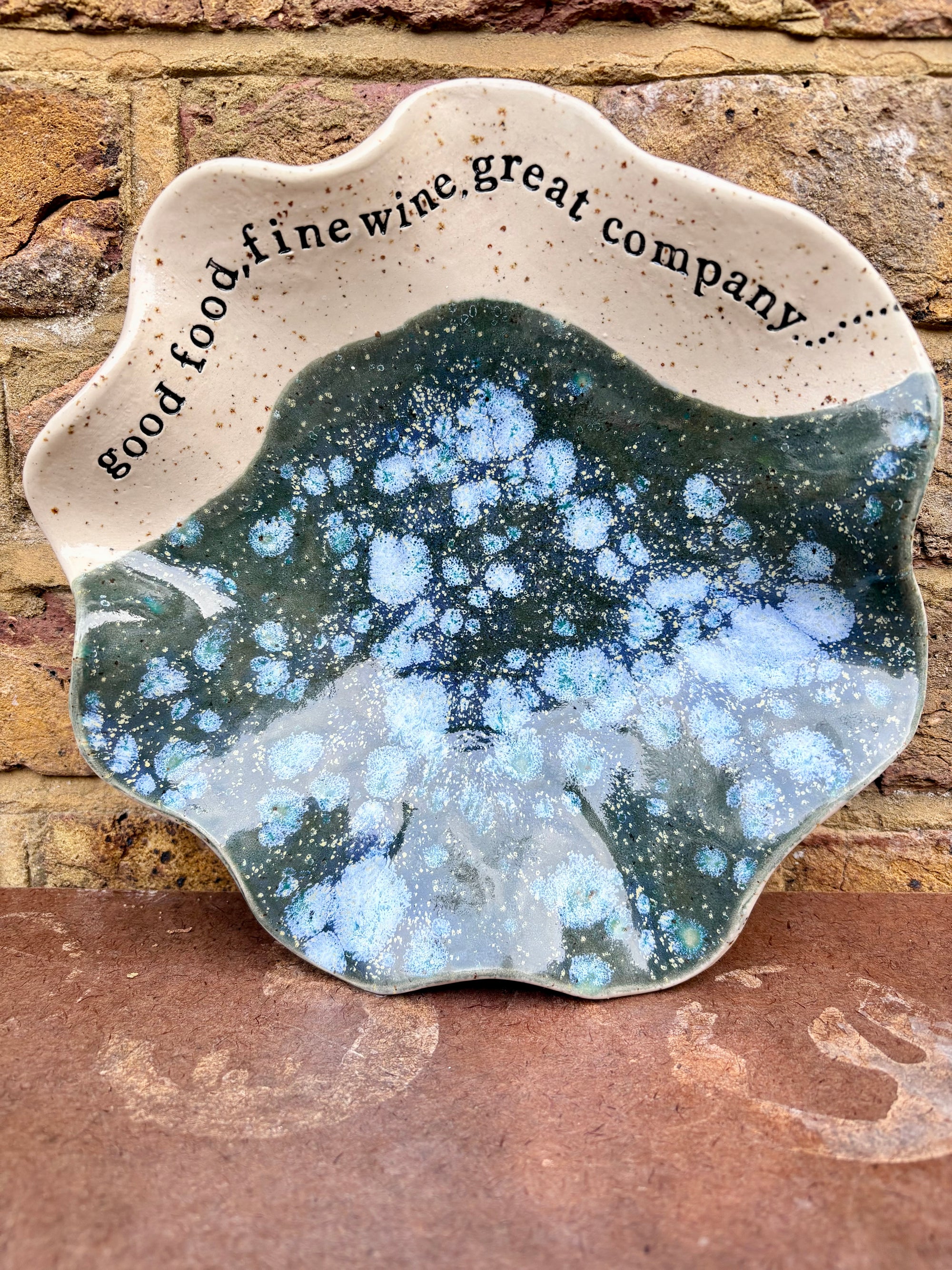 "good food, fine wine, great company..." salad/serving dish (teal green diffusion)