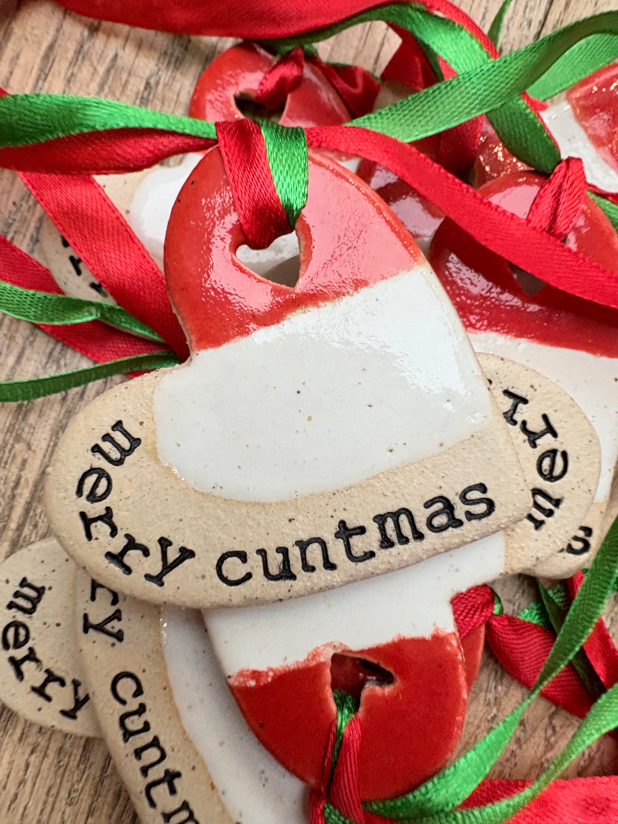 “merry cuntmas” hanging decoration (red and white, large)