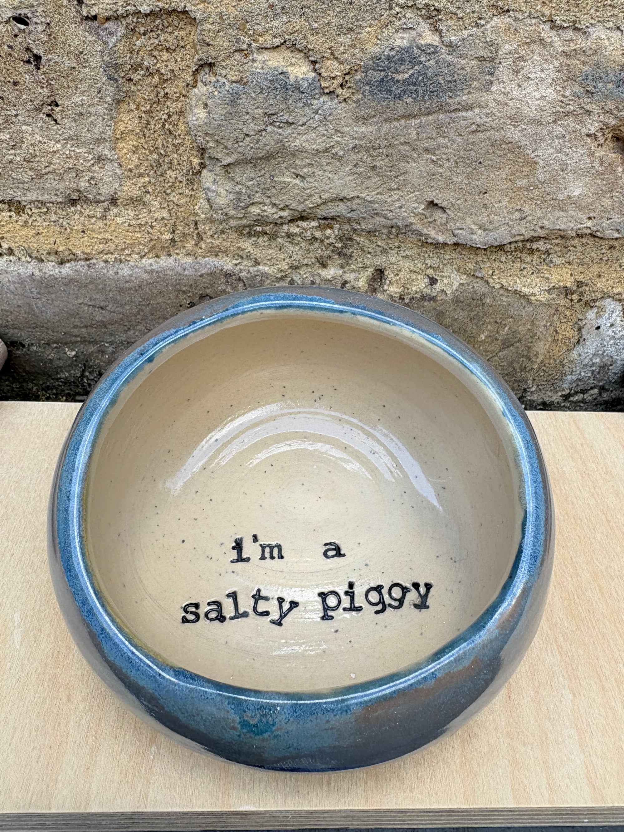 "I'm a very salty piggy" Salt Pig (wheelthrown, deep blue sea glaze)