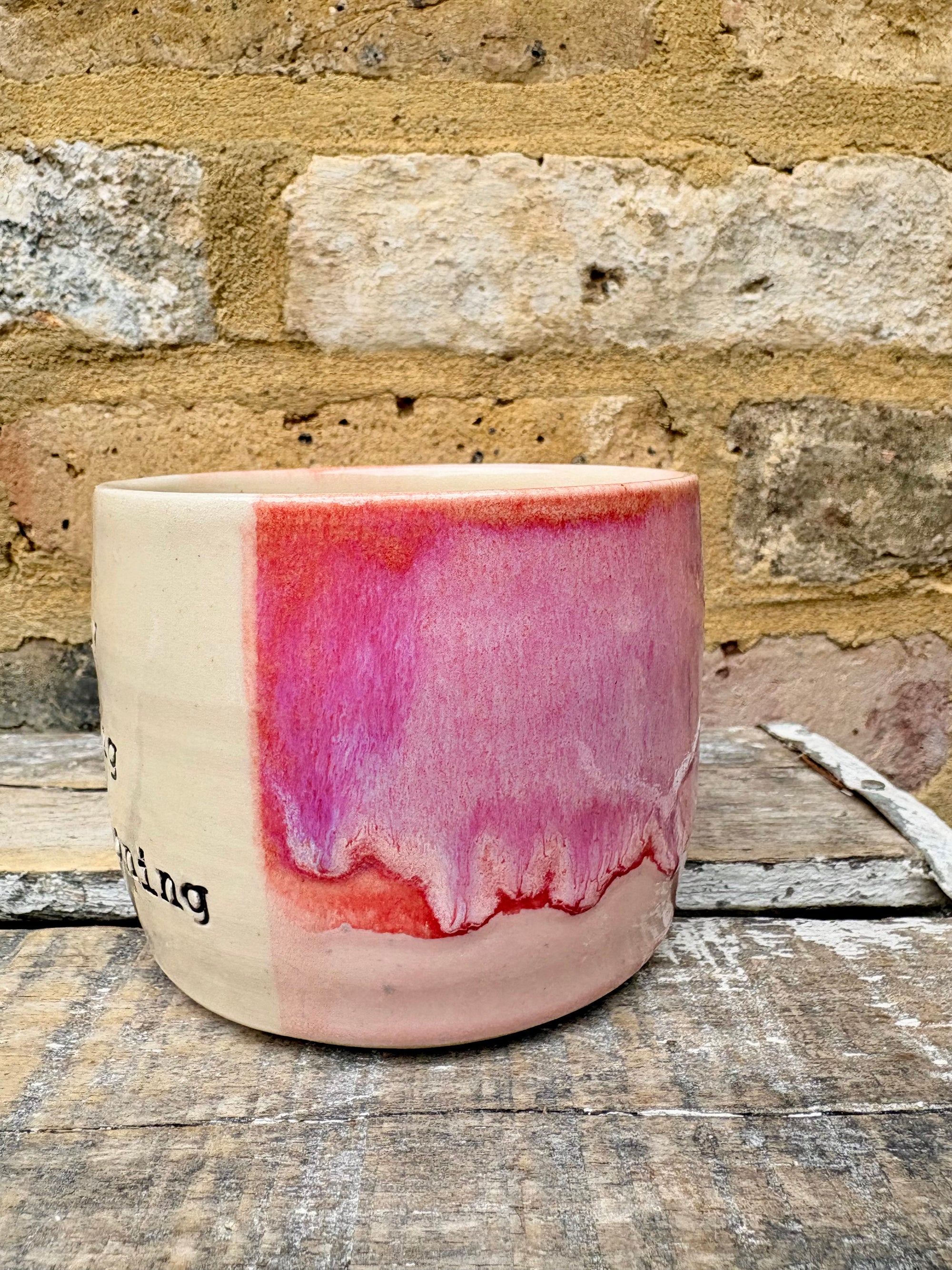 "barely fucking functioning" mug (pink)
