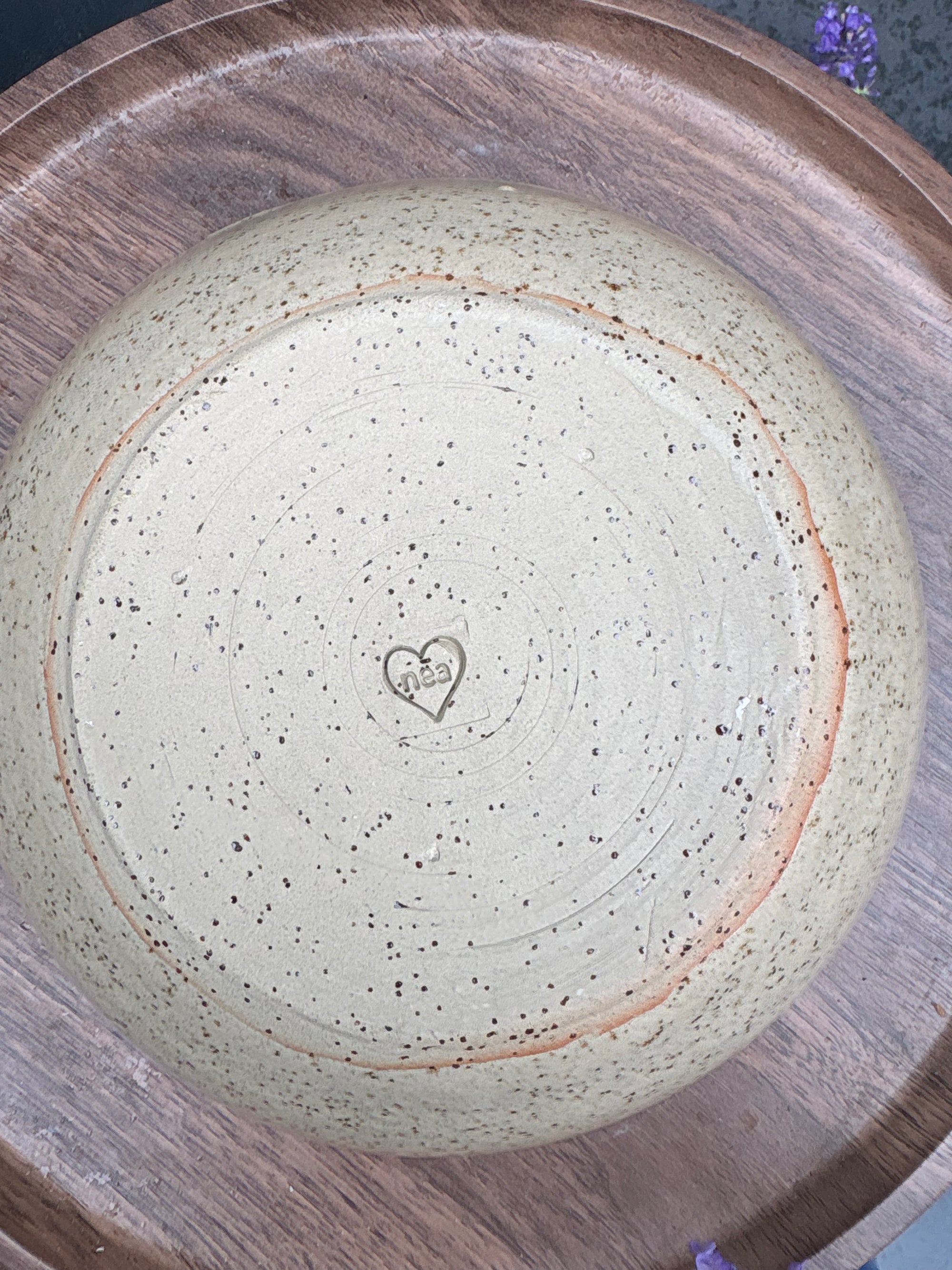“eat, drink and fuck off by 9pm"  deep round salad/pasta bowl (pink, dark flecked clay)