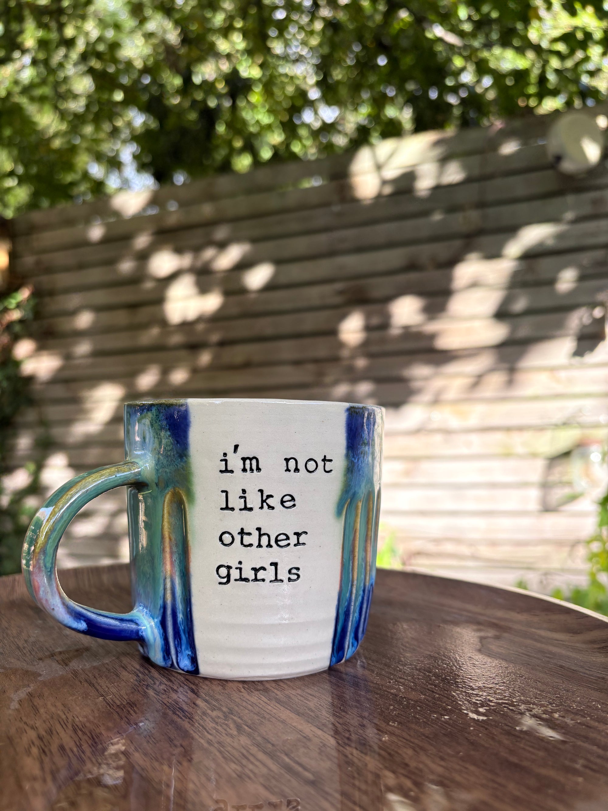 “I’m not like other girls" "I’m so much fucking worse” mug (right hander, greens/blues)