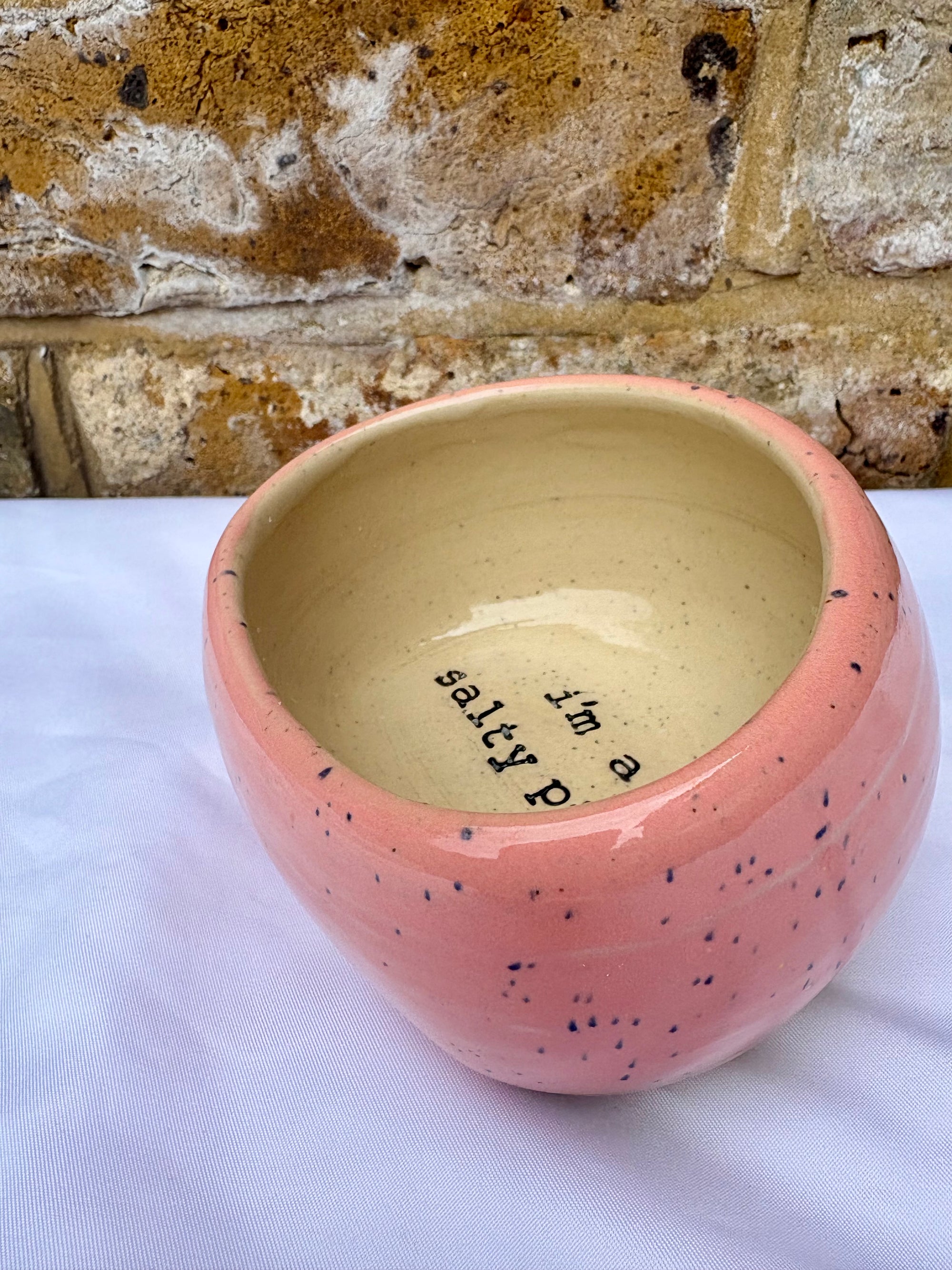 "I'm a salty piggy" Salt Pig (wheelthrown, pink speckle glaze)