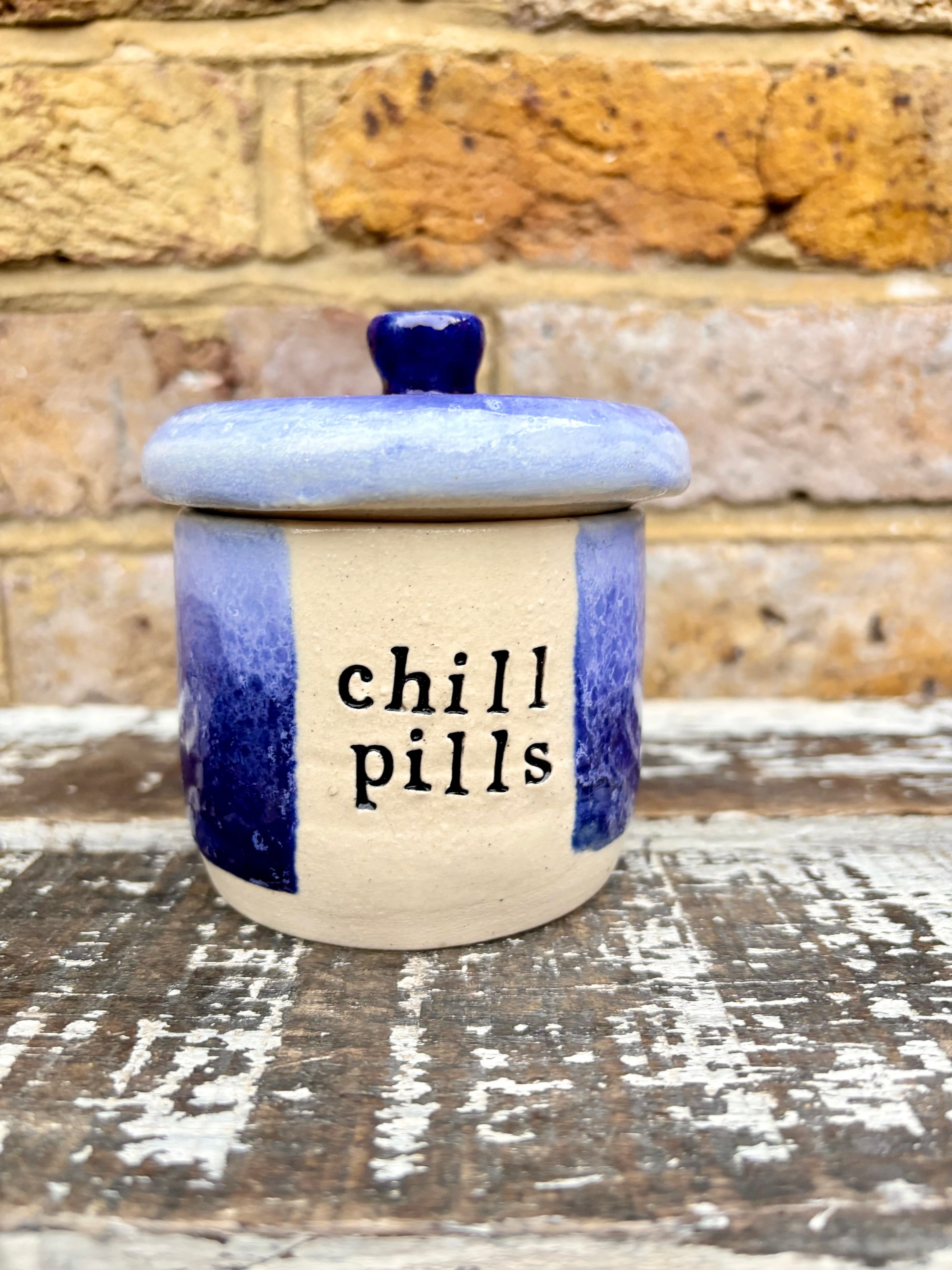 "chill pills" lidded pot (blue)