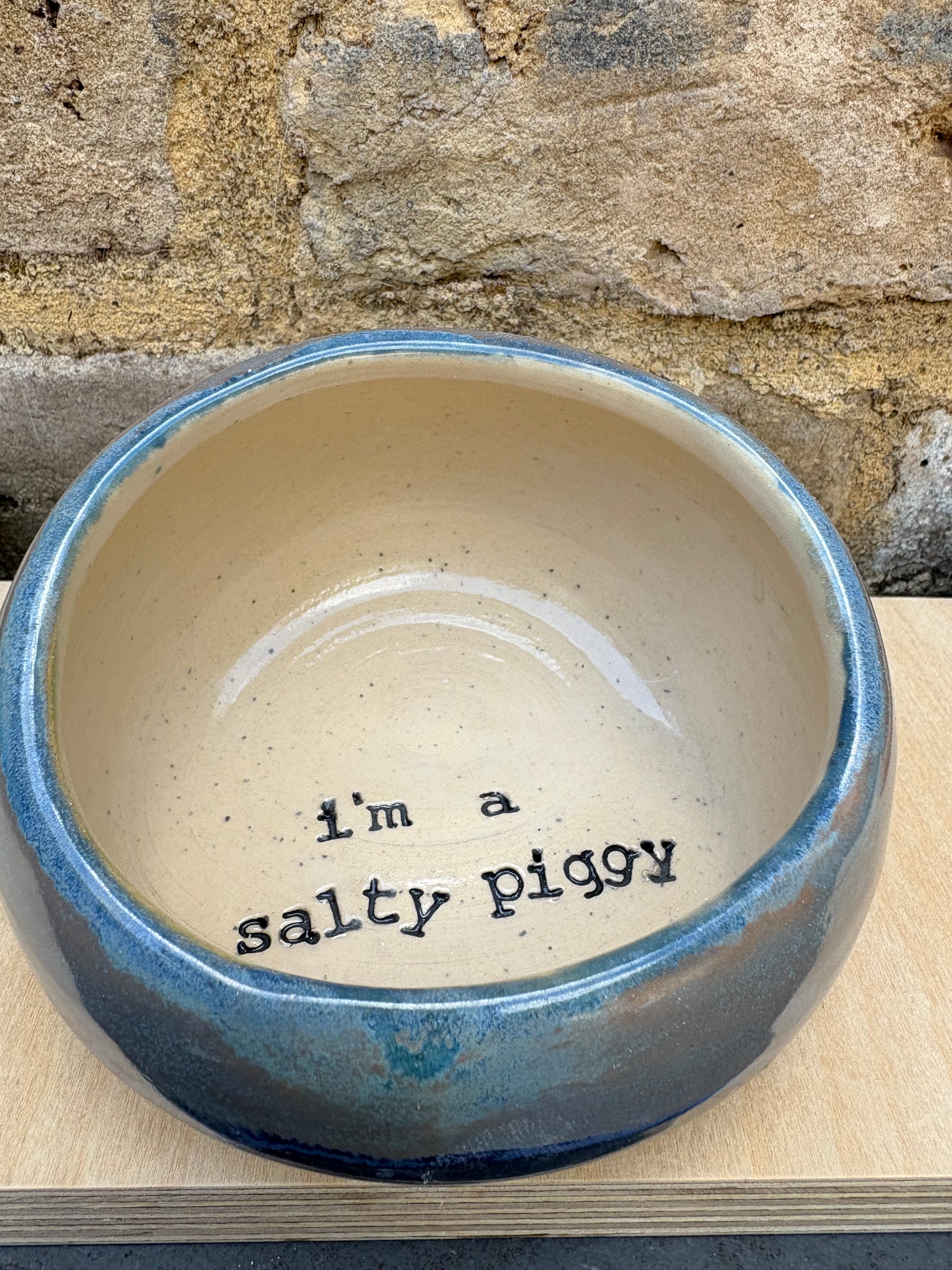 "I'm a very salty piggy" Salt Pig (wheelthrown, deep blue sea glaze)