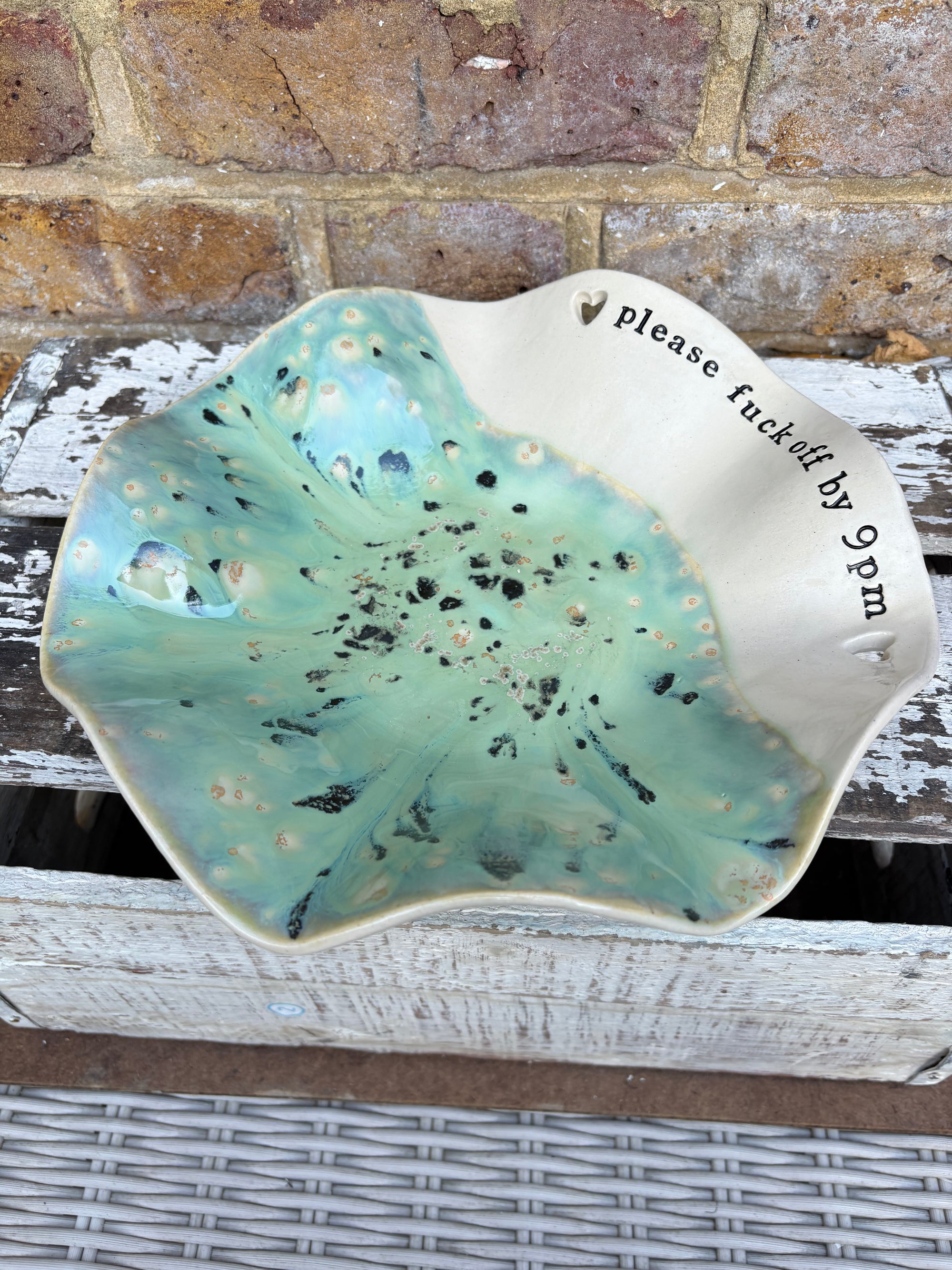 "good food, fine wine, great company..." salad/serving dish (creamy mint green)