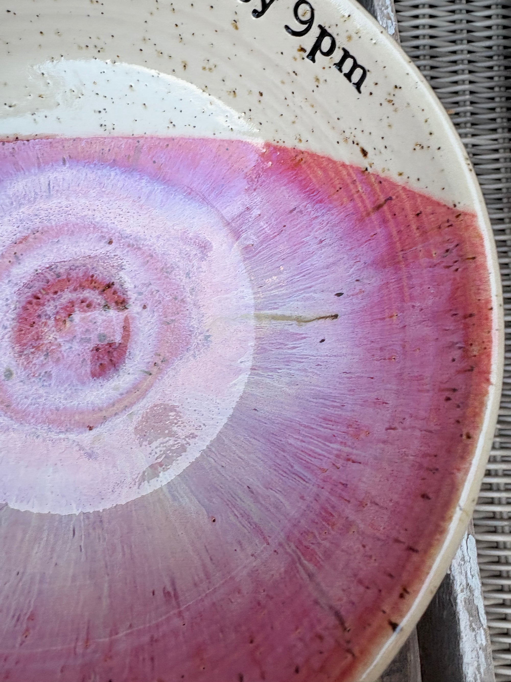 “eat, drink and fuck off by 9pm"  deep round salad/pasta bowl (lilac/pink, flecked clay)