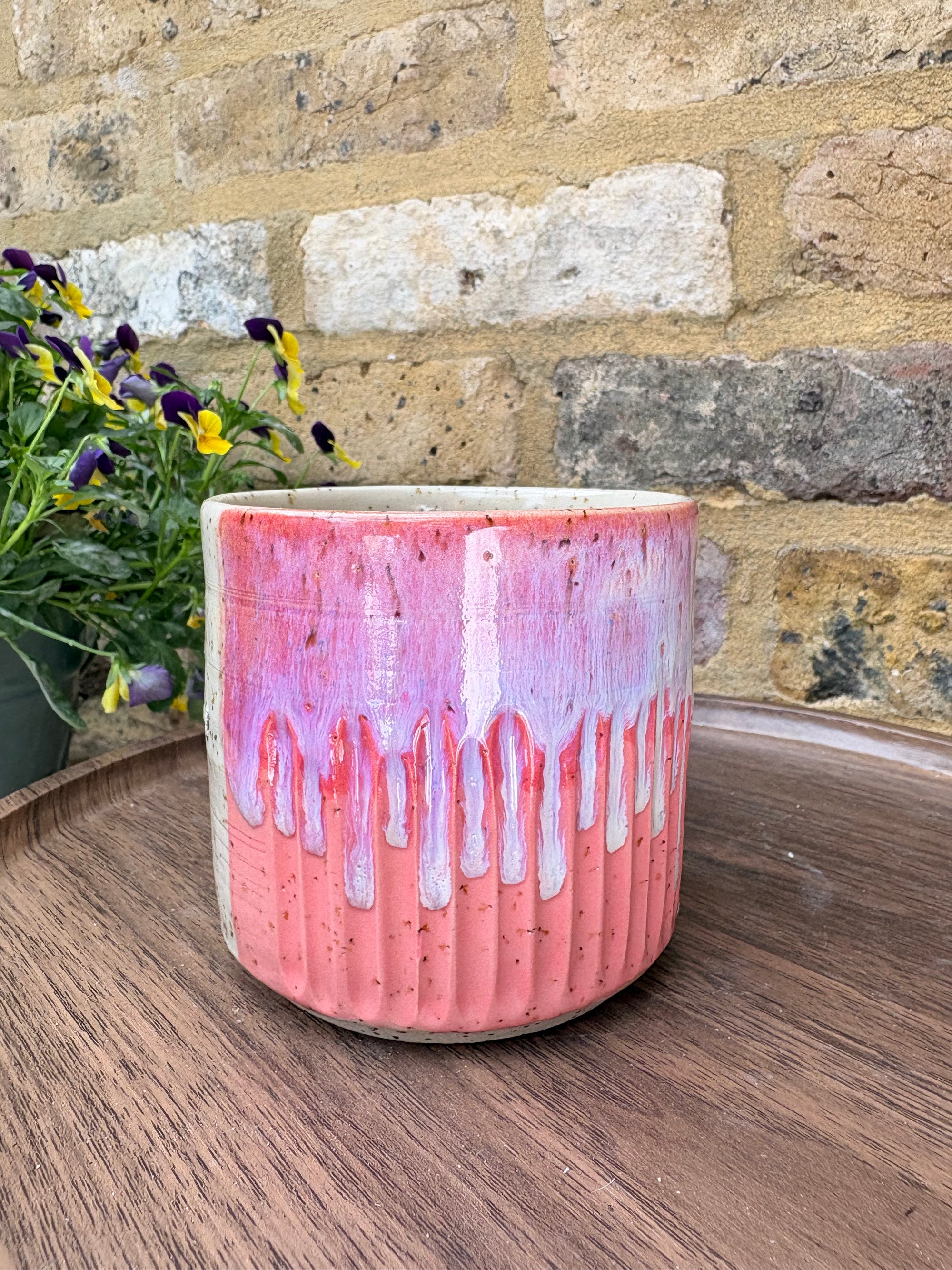 "FRAGILE like a fucking bomb" mug (pink, flecked, red FRAGILE)