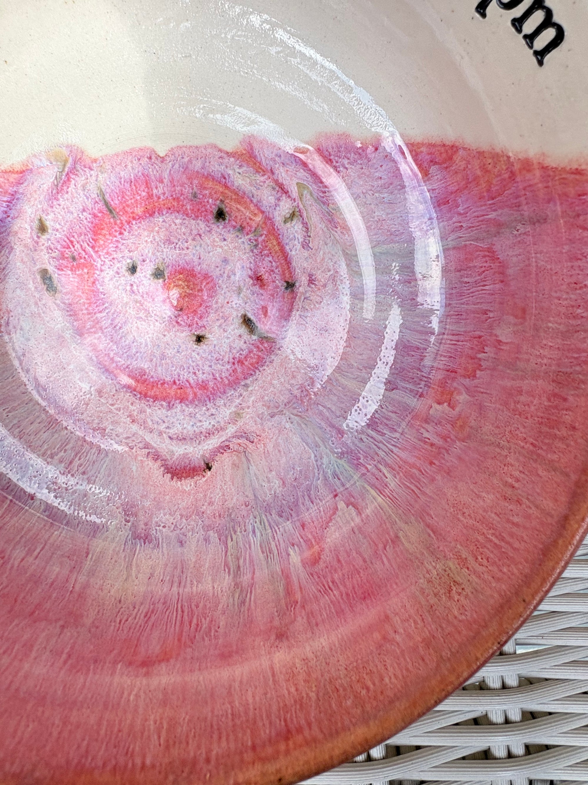 “eat, drink and fuck off by 9pm"  deep round salad/pasta bowl (pink, cream clay)