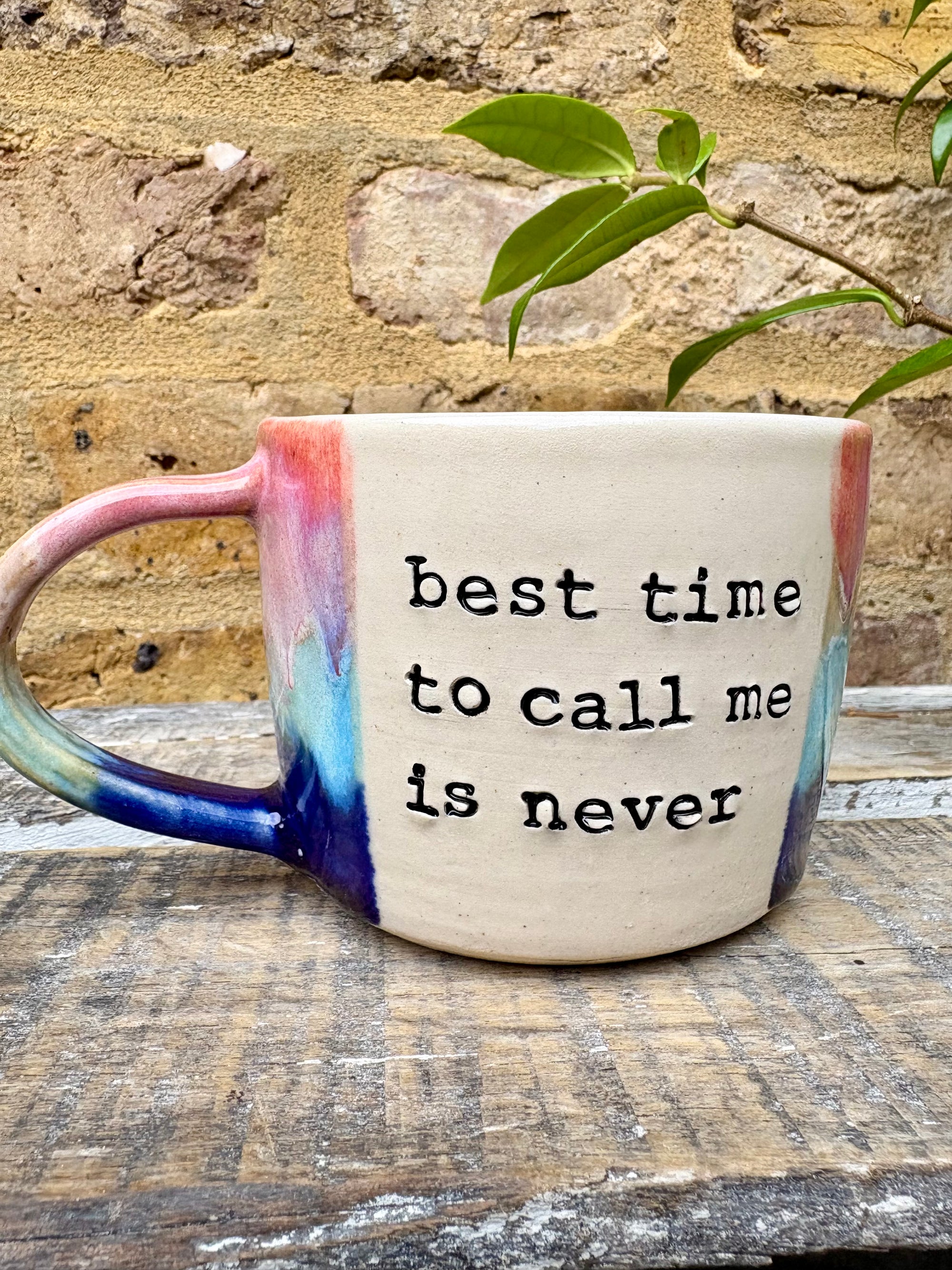 "best time to call is never" mug (Pink Night Sky)