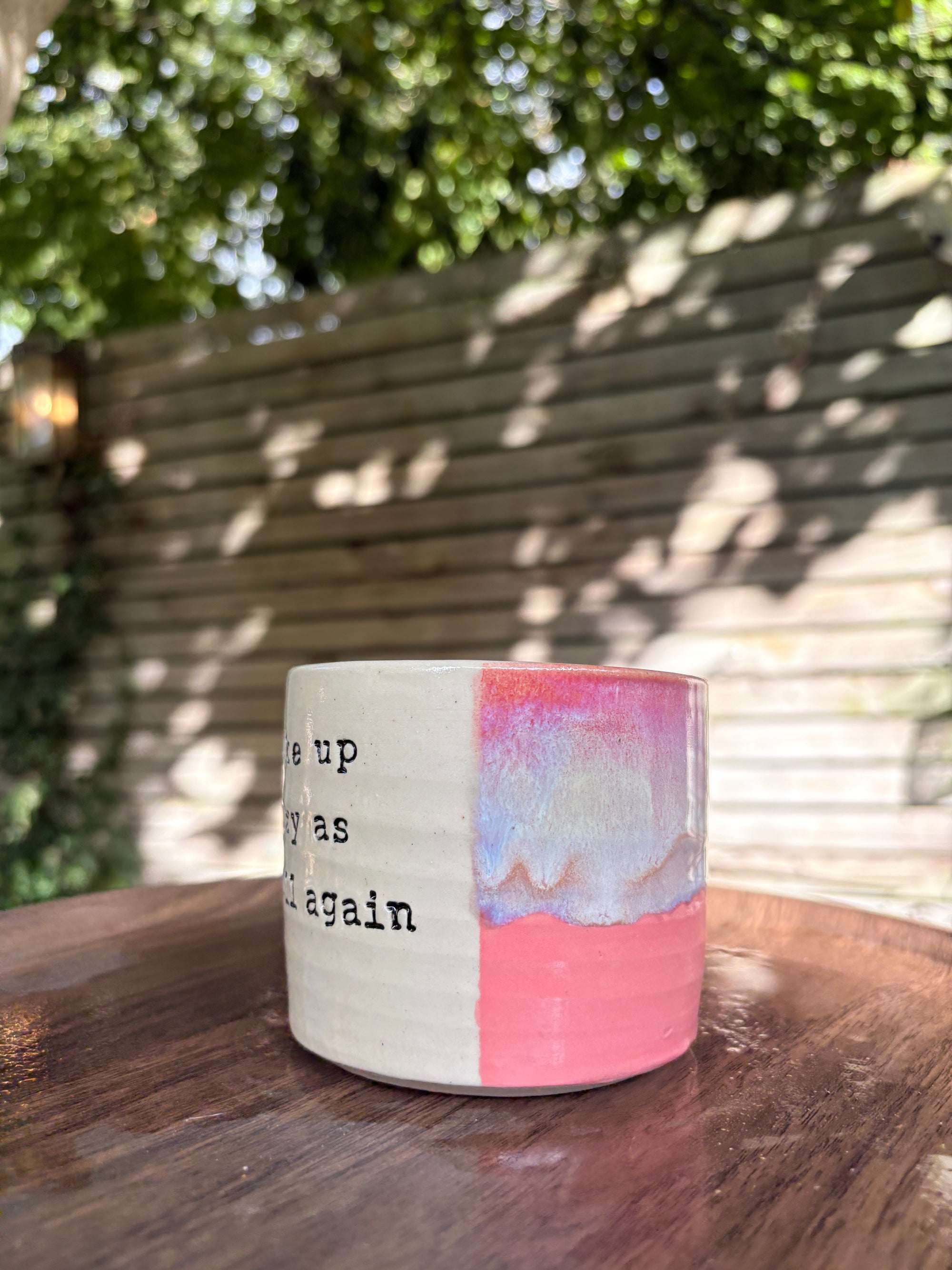 “woke up sexy as hell again” mug (coral pinks)