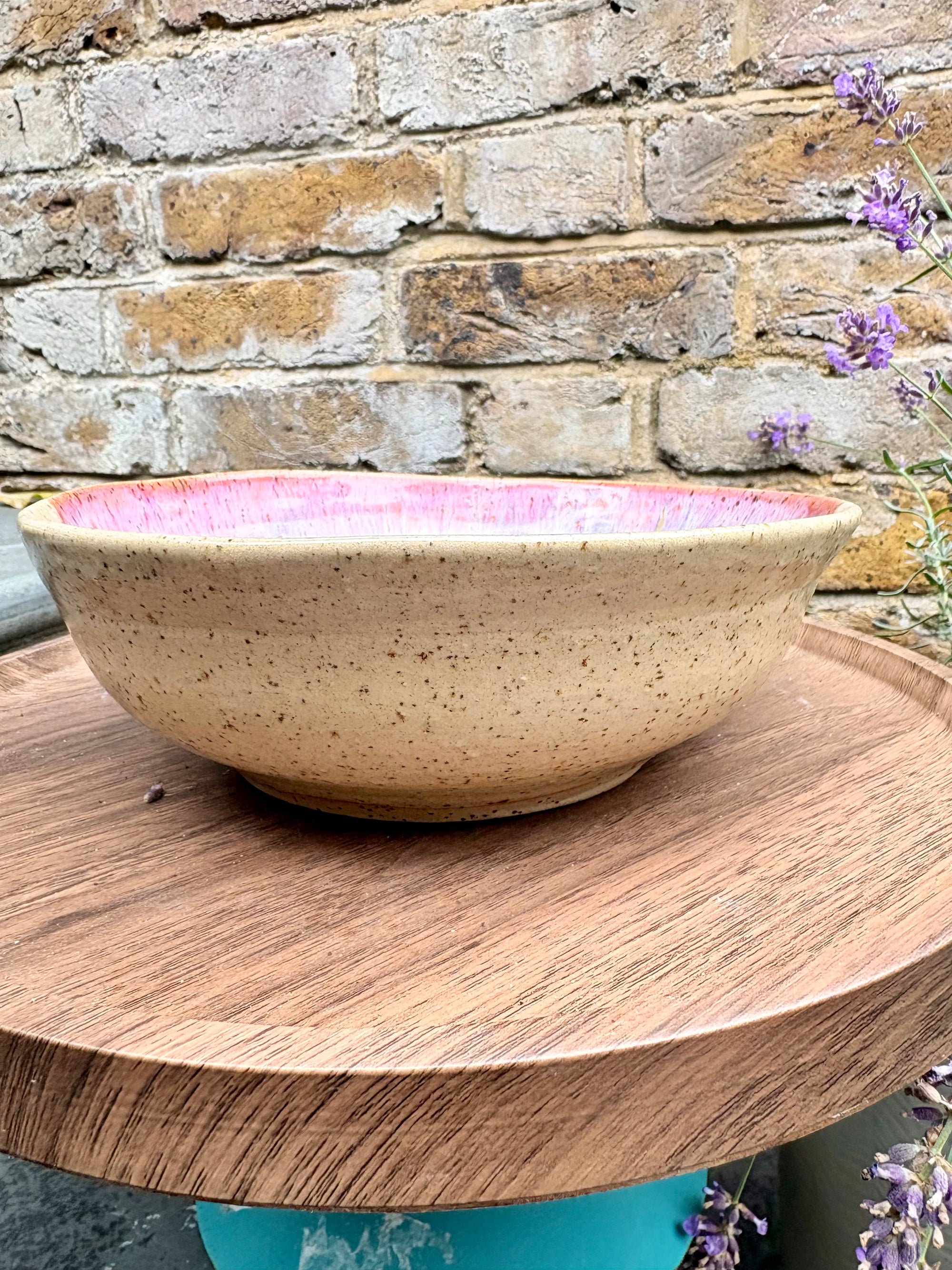“eat, drink and fuck off by 9pm"  deep round salad/pasta bowl (pink, dark flecked clay)