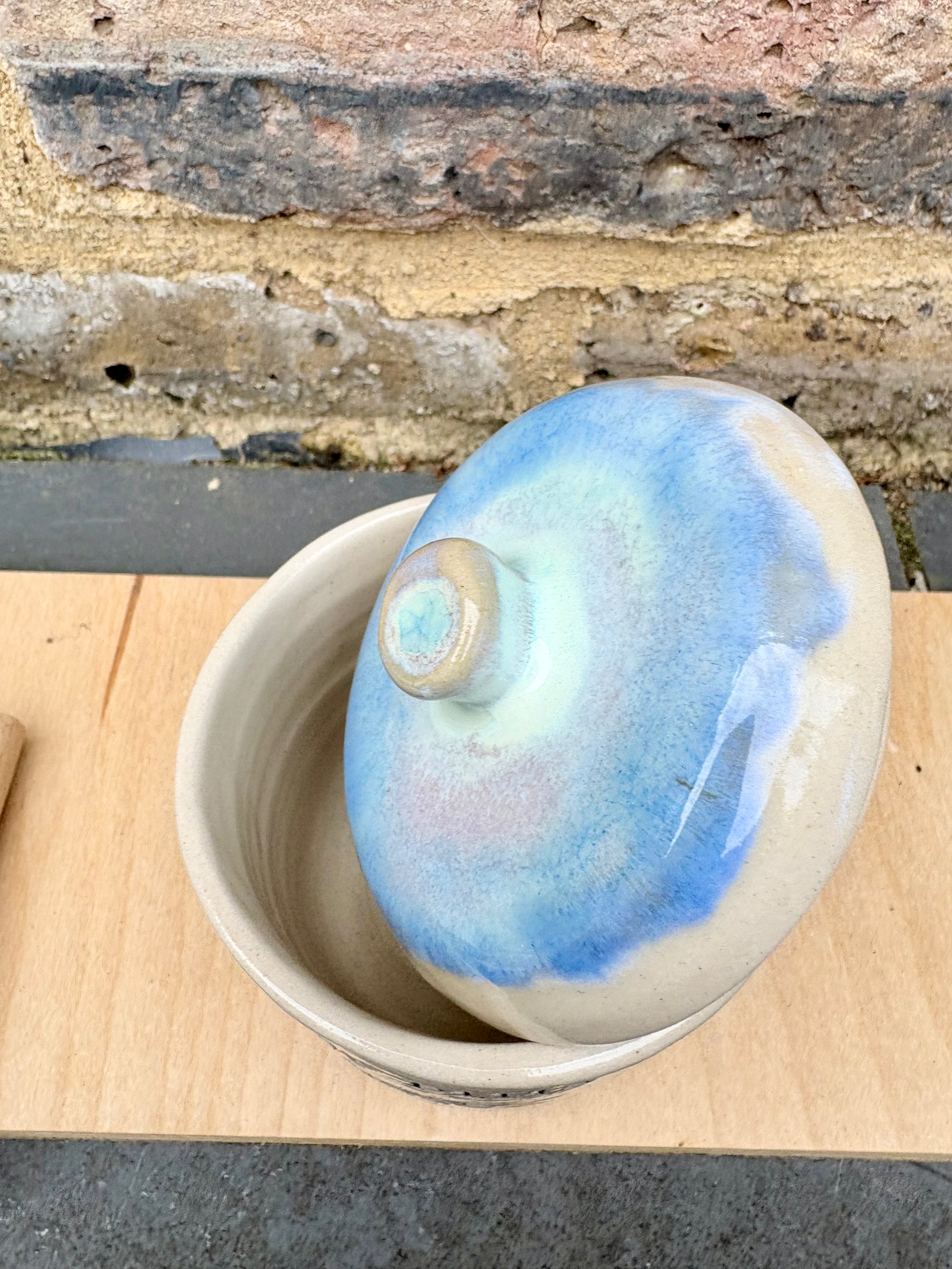"my happy pills live here" lidded pot (oyster blue)