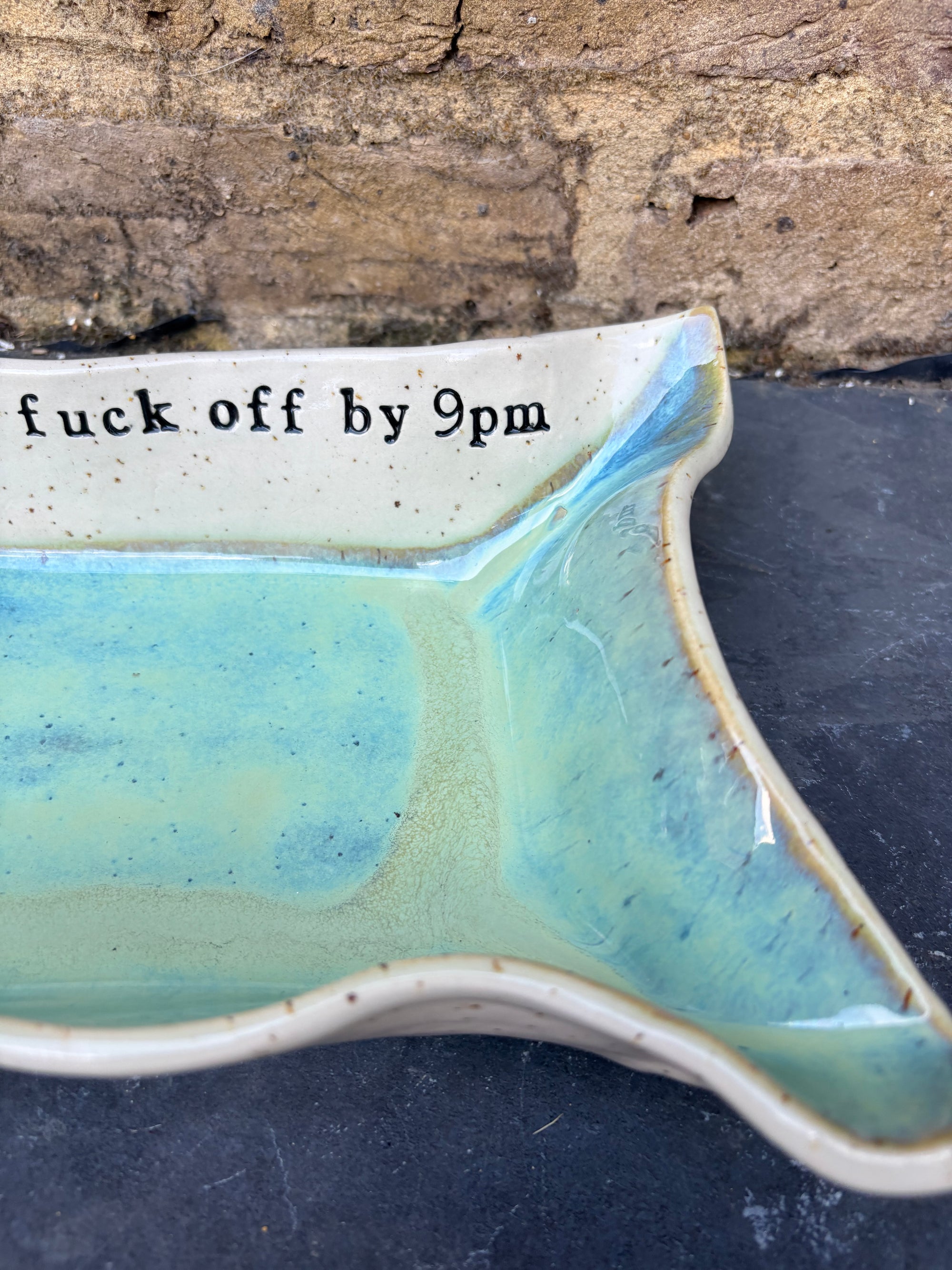 “eat, drink and fuck off by 9pm" rectangular dish (green, flecked clay)