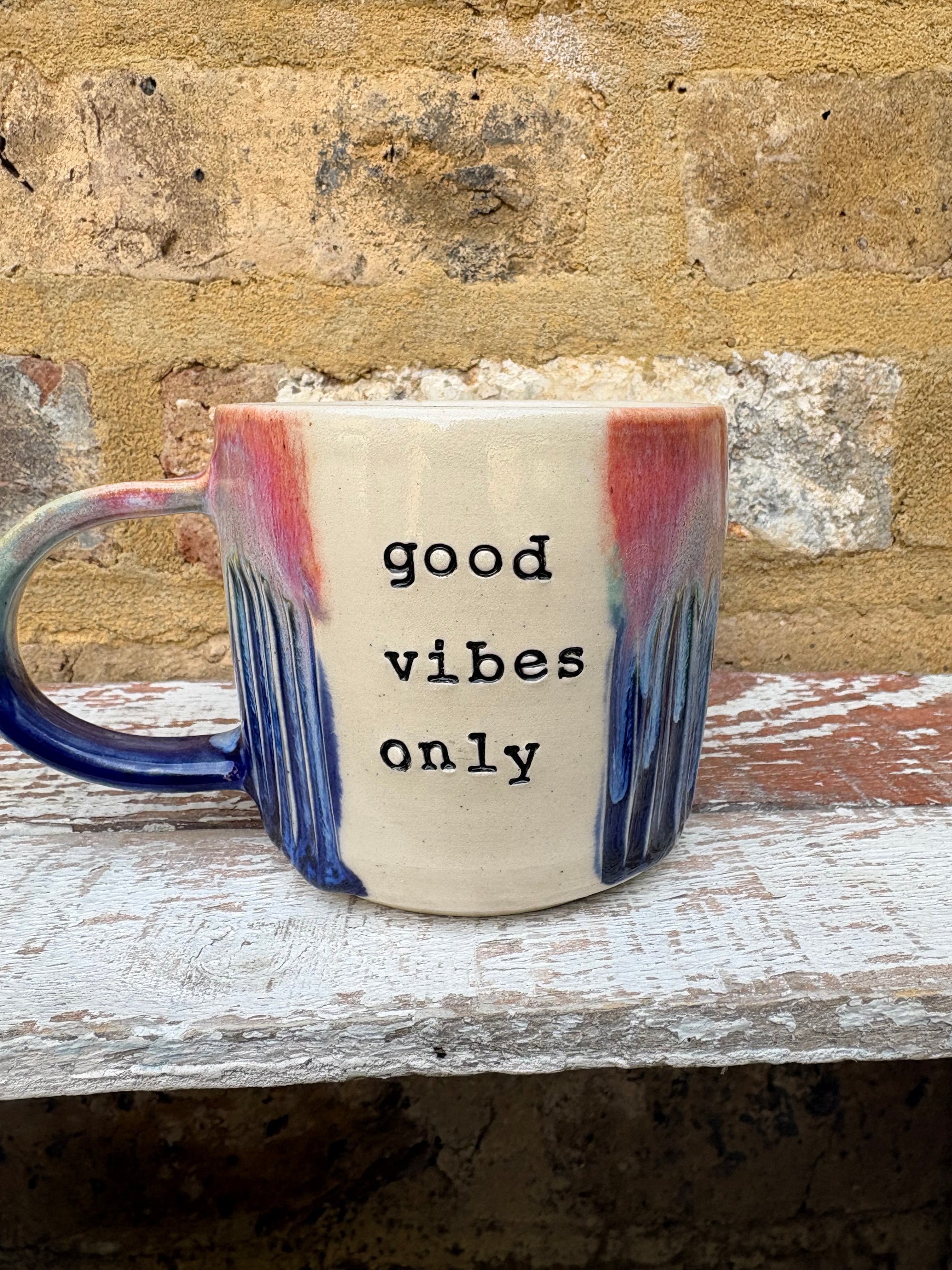 “good vibes only" "fuck off" mug (pink night sky)
