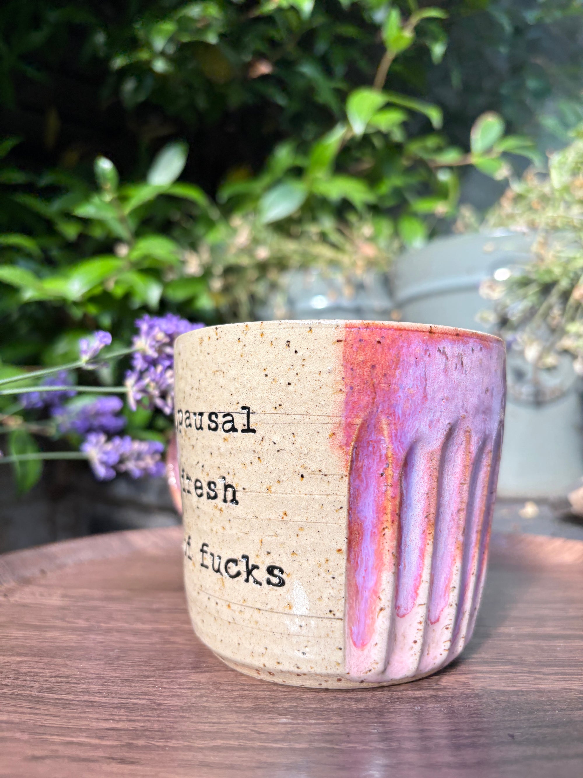 "menopausal and fresh out of fucks" mug (pink)
