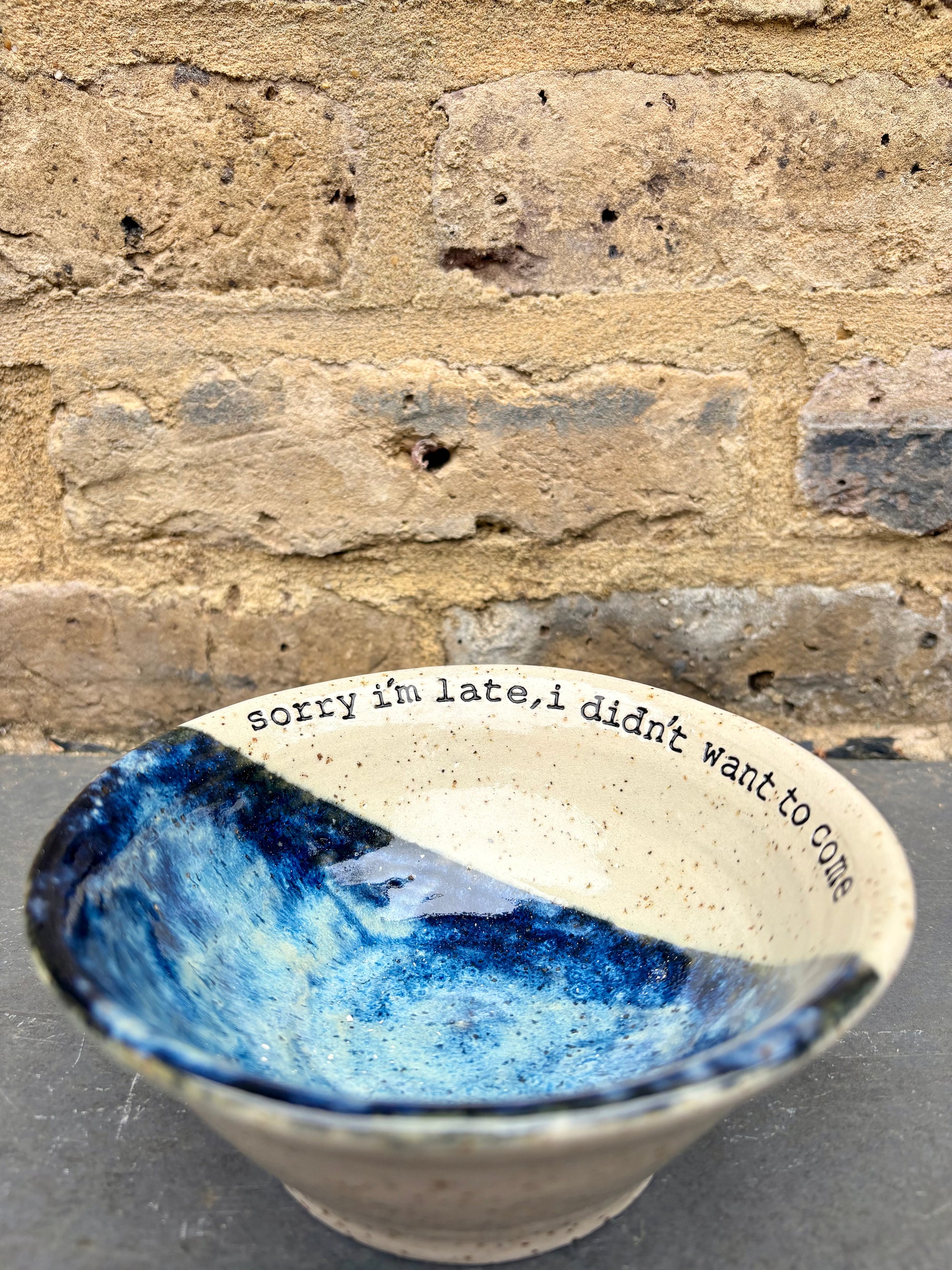 "sorry i'm late, I didn't want to come" bowl (blue)