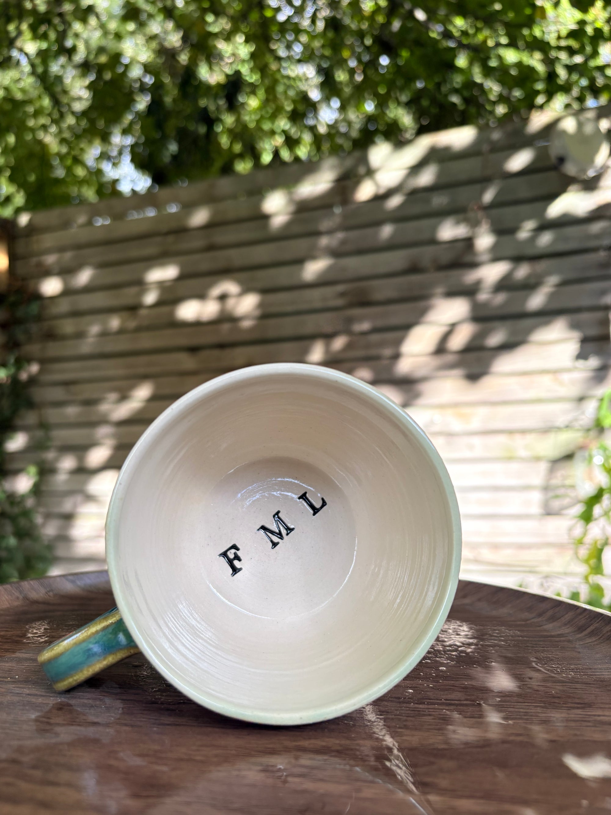 "I 🩷 my job” "FML" mug (green/pink/blue, left hander)