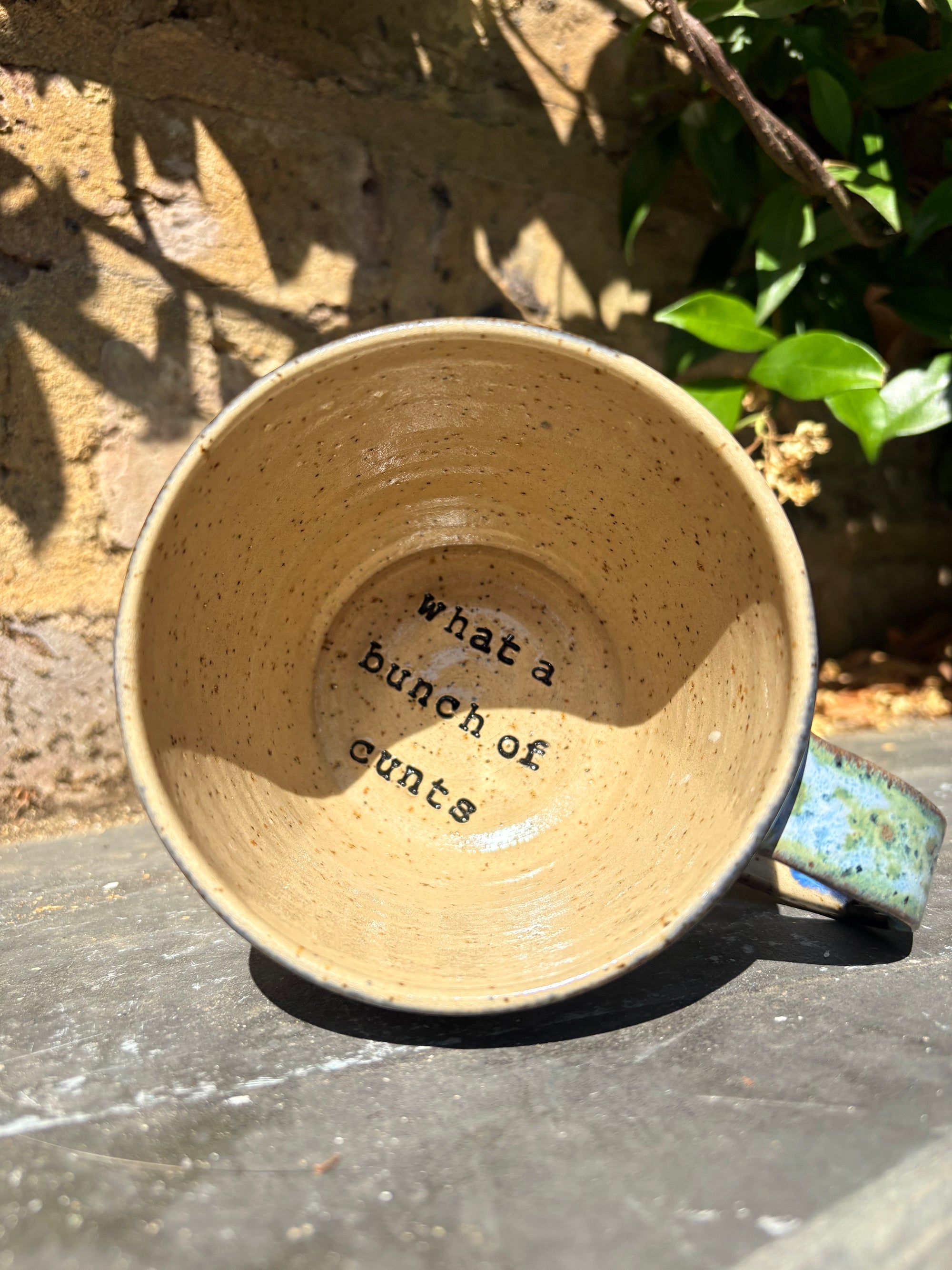 "really happy to be here” "what a bunch of cunts" mug (green/blue, grooves, 375ml)
