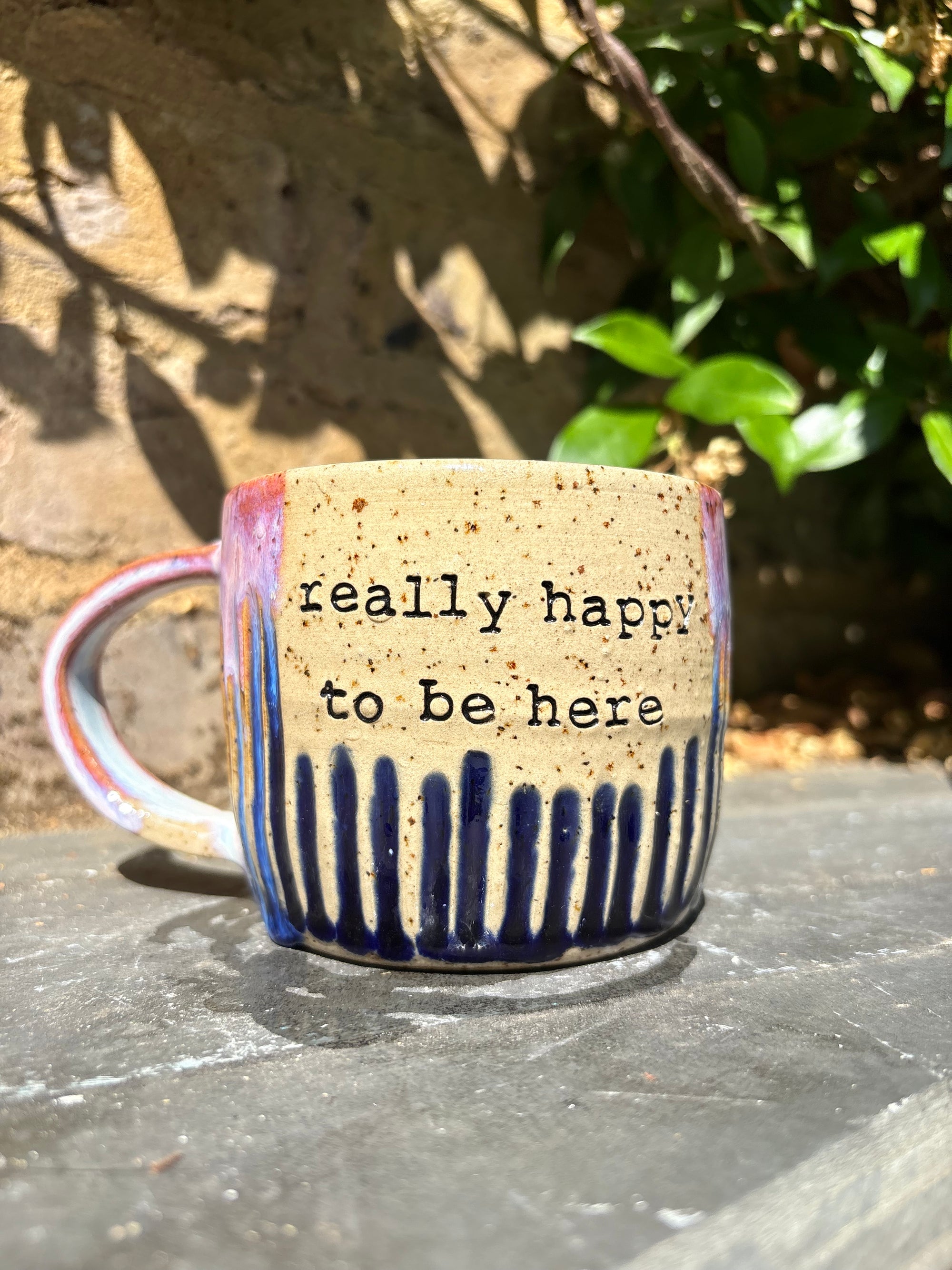 "really happy to be here” "what a bunch of cunts" mug (pink/ blue grooves, 340ml)