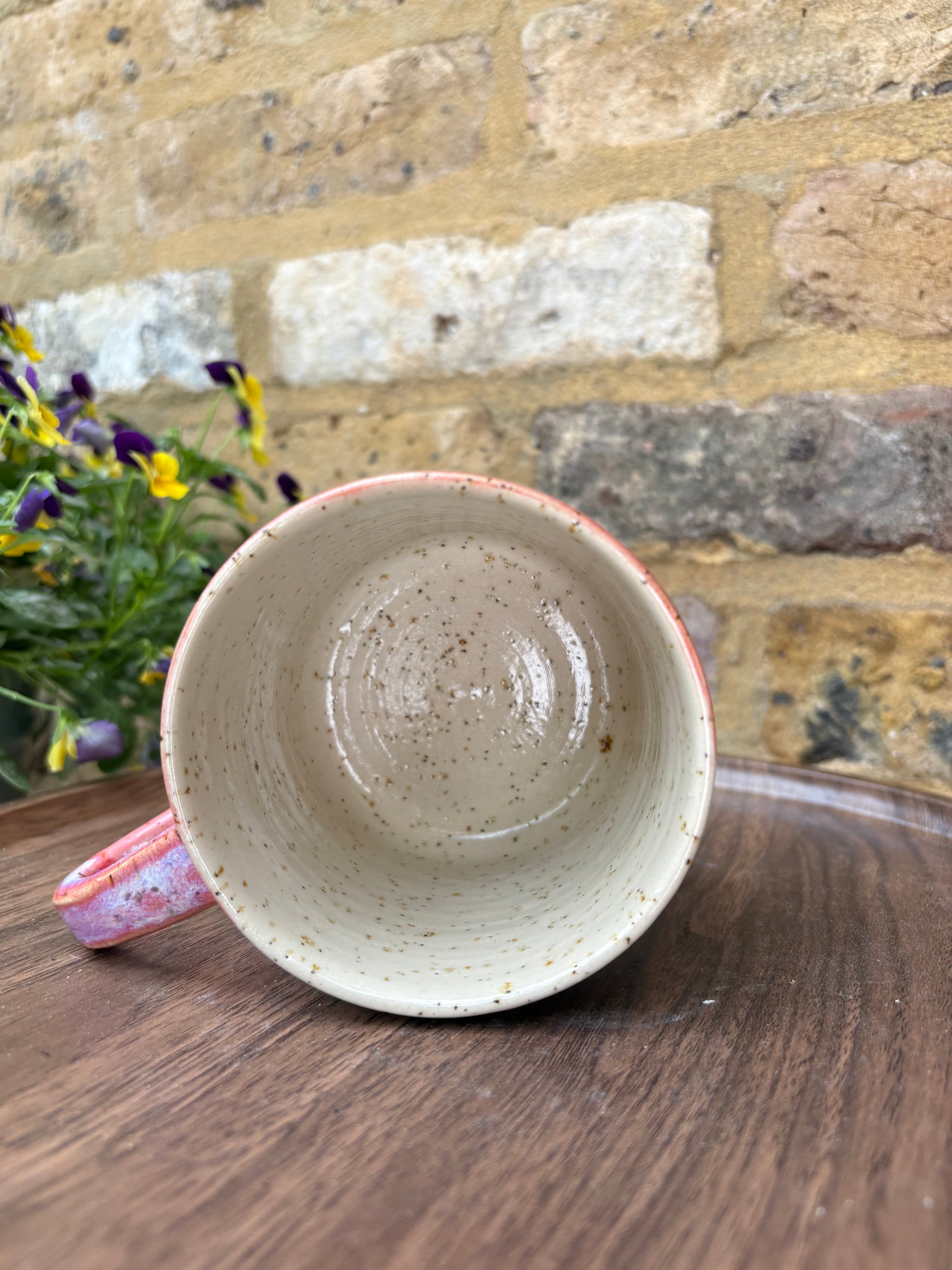 "FRAGILE like a fucking bomb" mug (pink, flecked, red FRAGILE)
