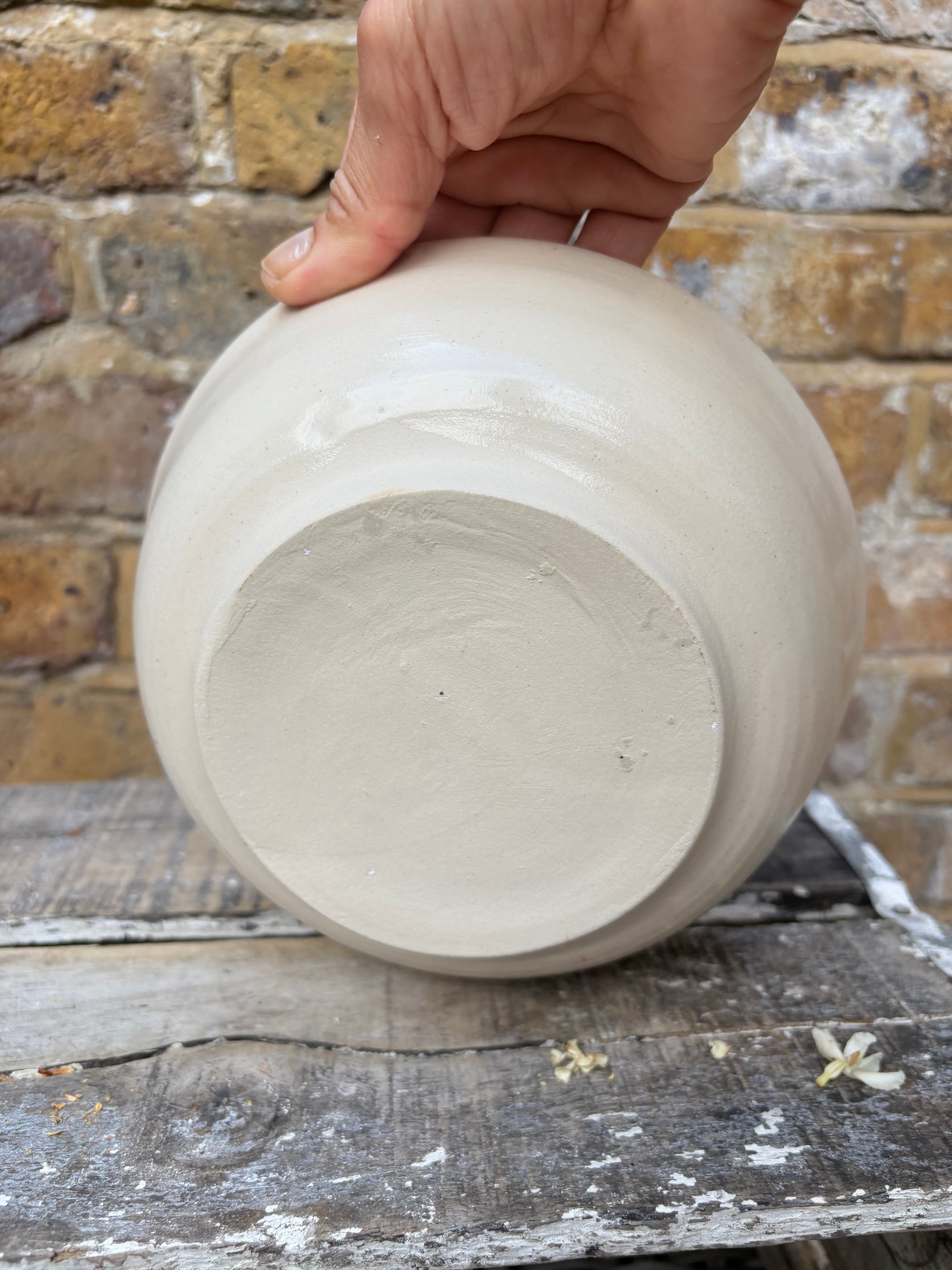 “eat, drink and fuck off by 9pm"  deep round salad/pasta bowl (pink/white, cream clay)
