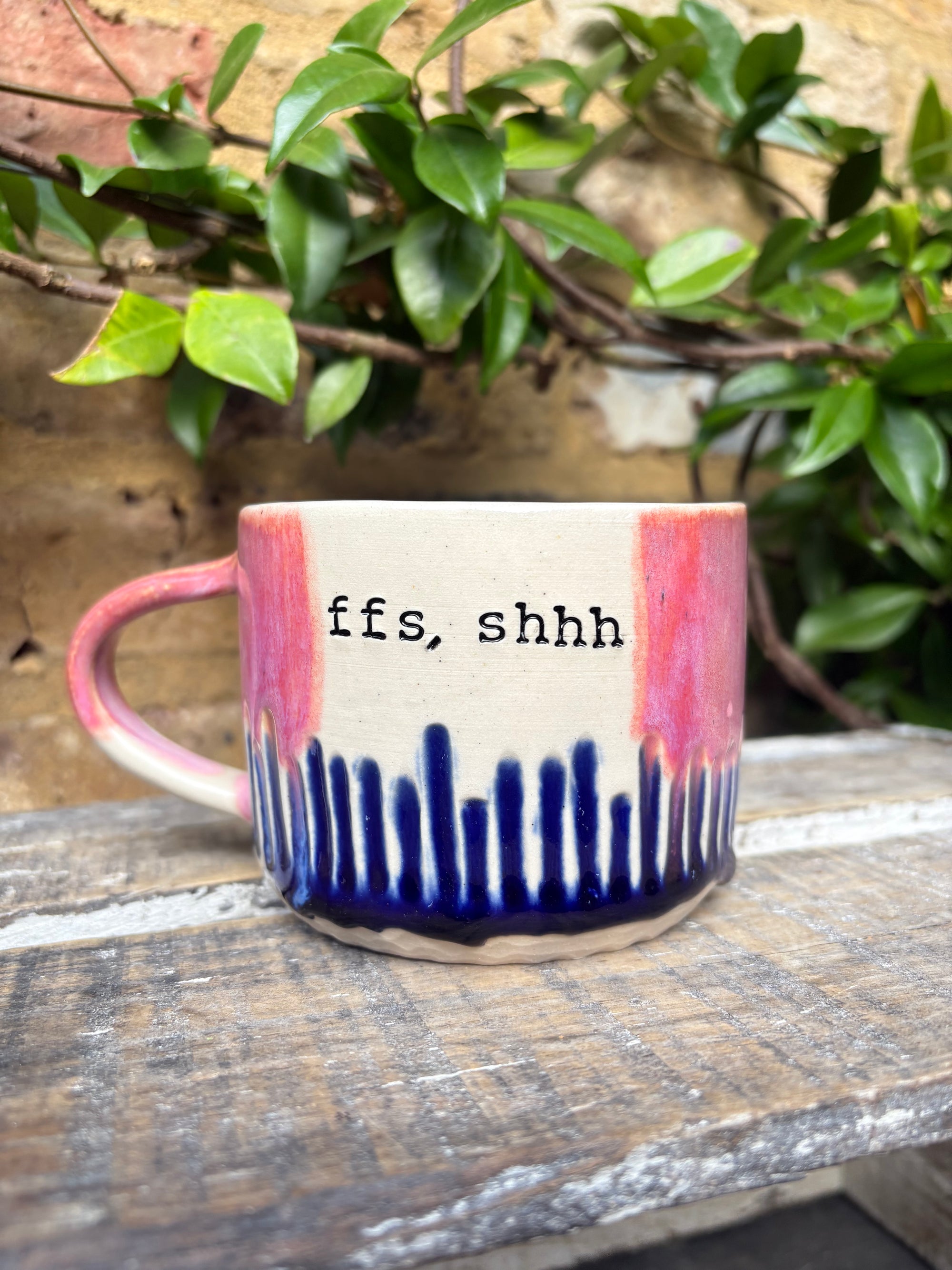 "ffs, shhh" mug (pink/blue)
