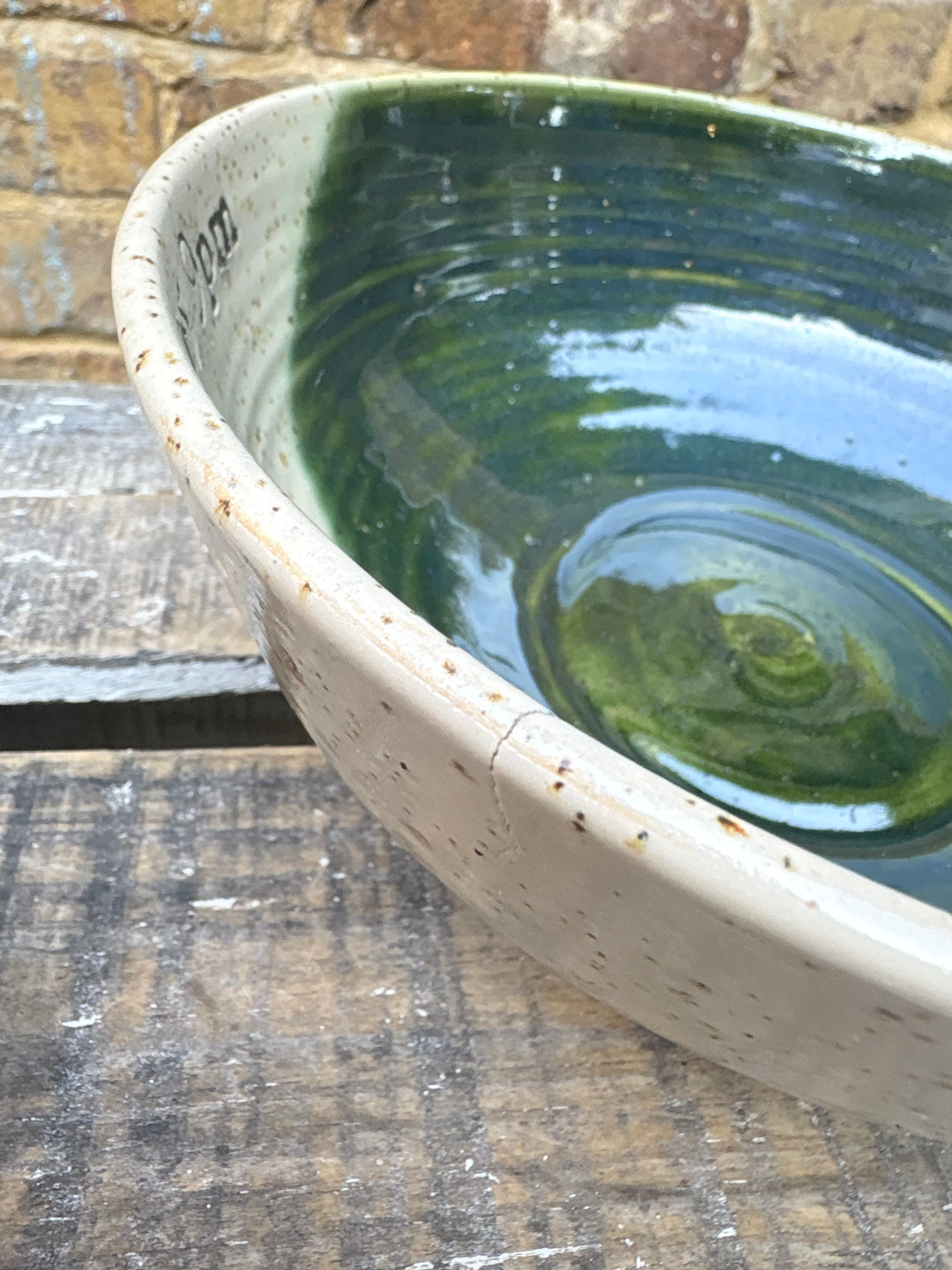 “eat, drink and fuck off by 9pm"  deep round salad/pasta bowl (green, flecked clay, second)