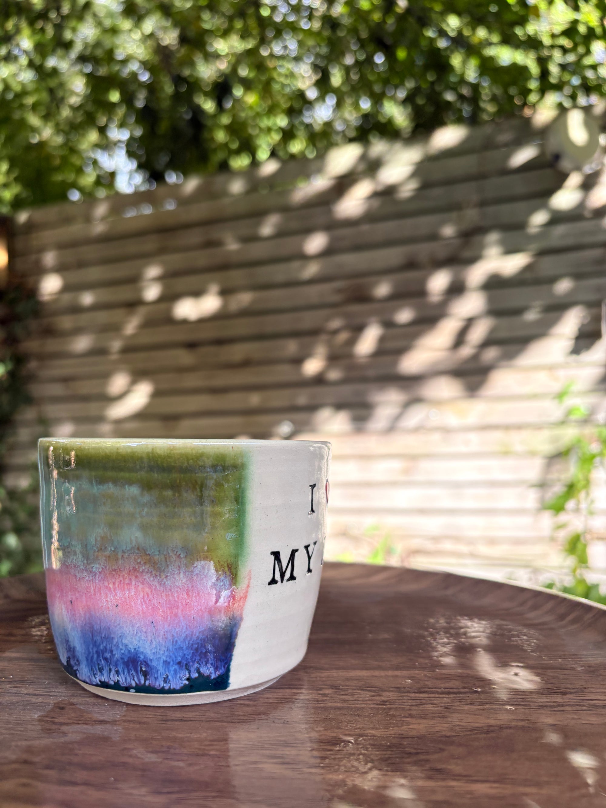 "I 🩷 my job” "FML" mug (green/pink/blue, left hander)