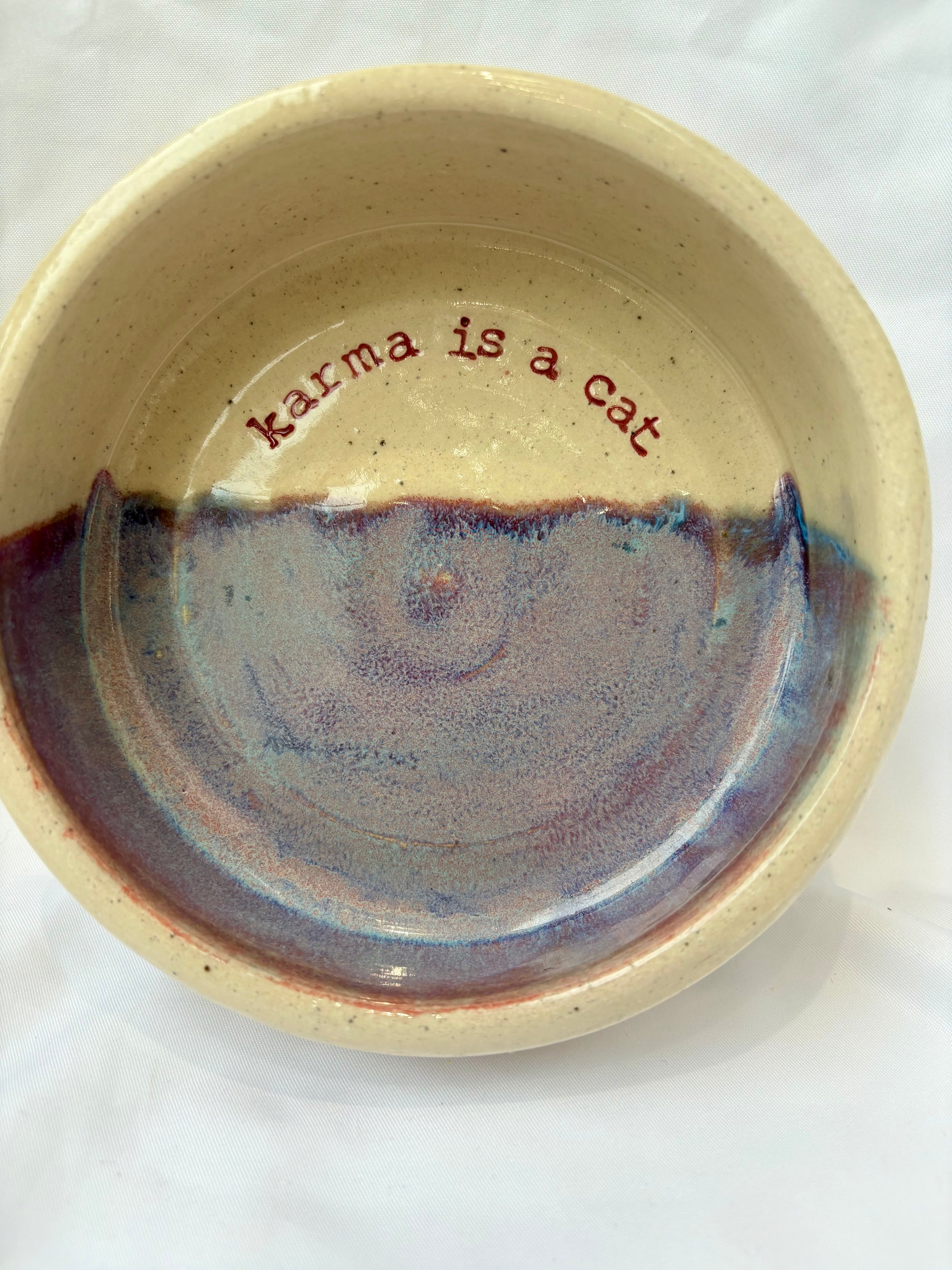 “karma is a cat” cat bowl (pink/purple)
