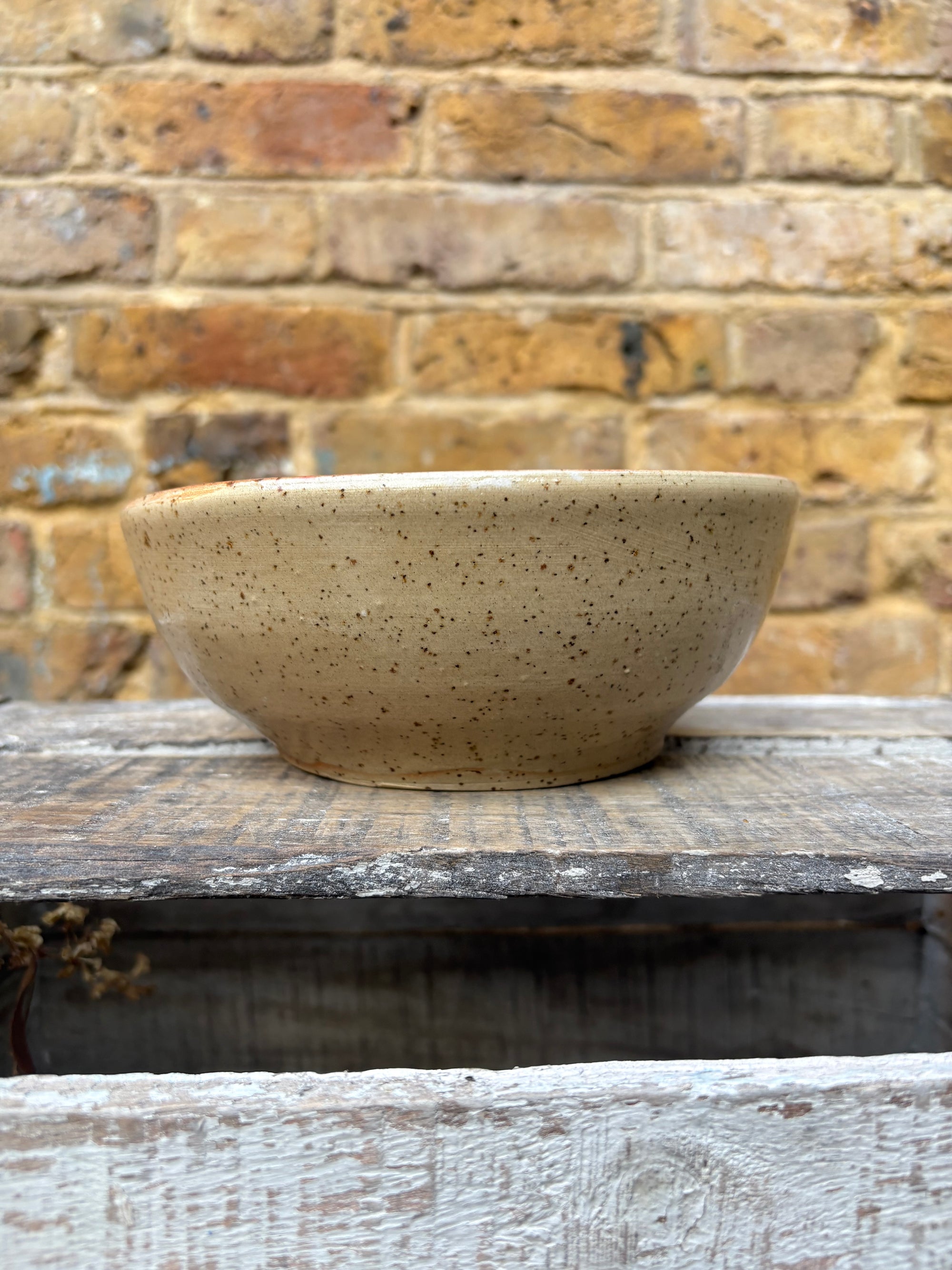 “eat, drink and fuck off by 9pm"  deep round salad/pasta bowl (pink, dark flecked clay)